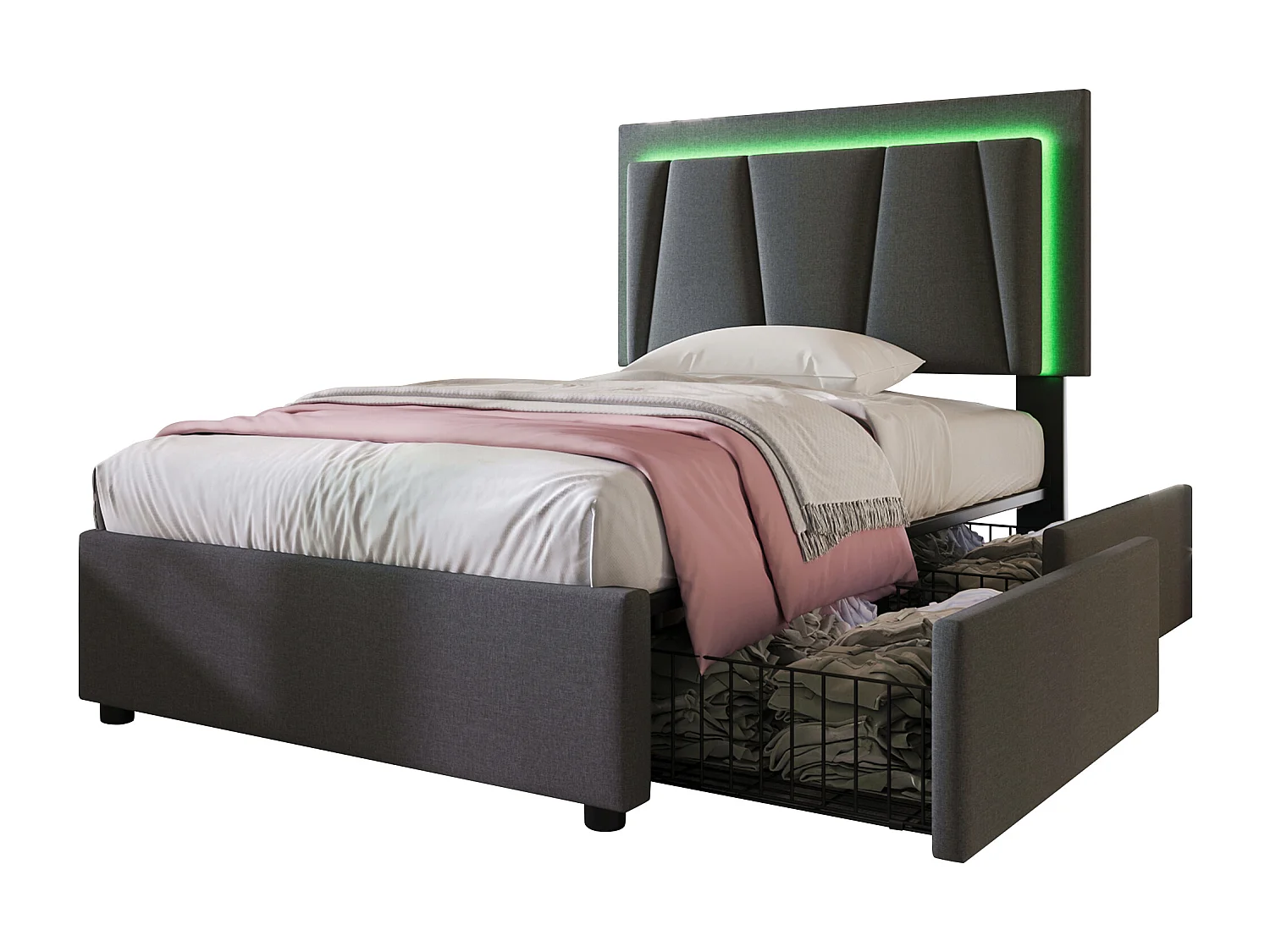 Lit 90x200cm avec 2 tiroirs + LED + sommier à lattes - lin - gris