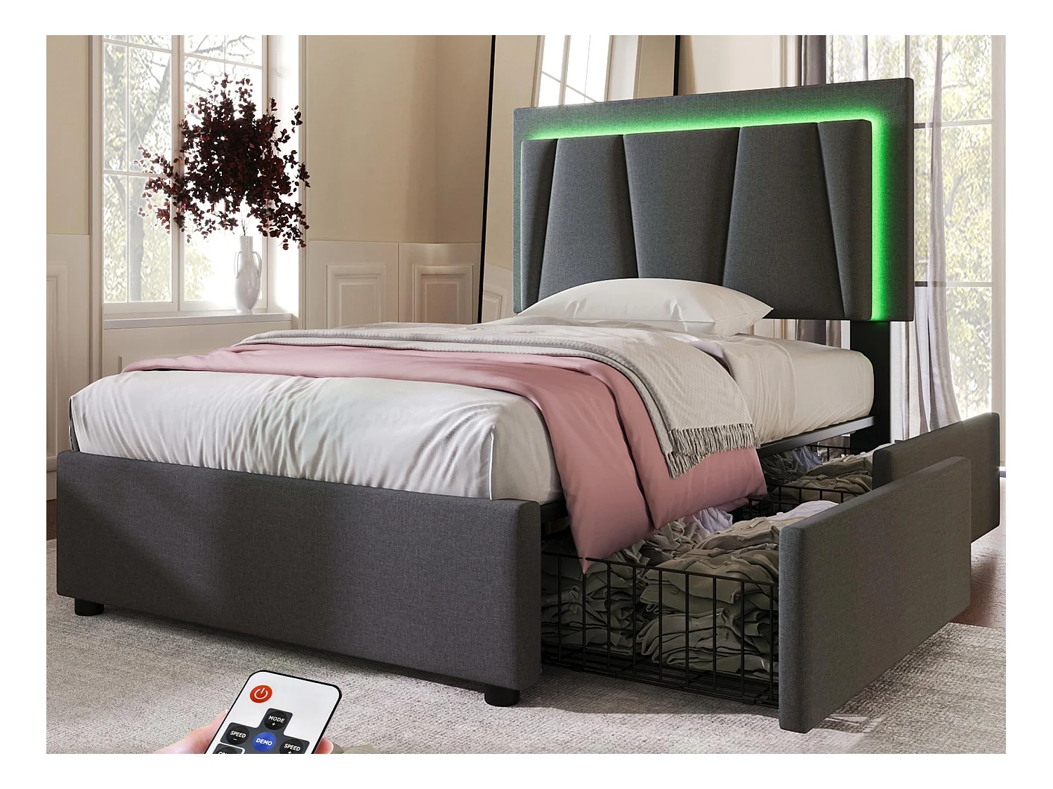 Lit 90x200cm avec 2 tiroirs + LED + sommier à lattes - lin - gris