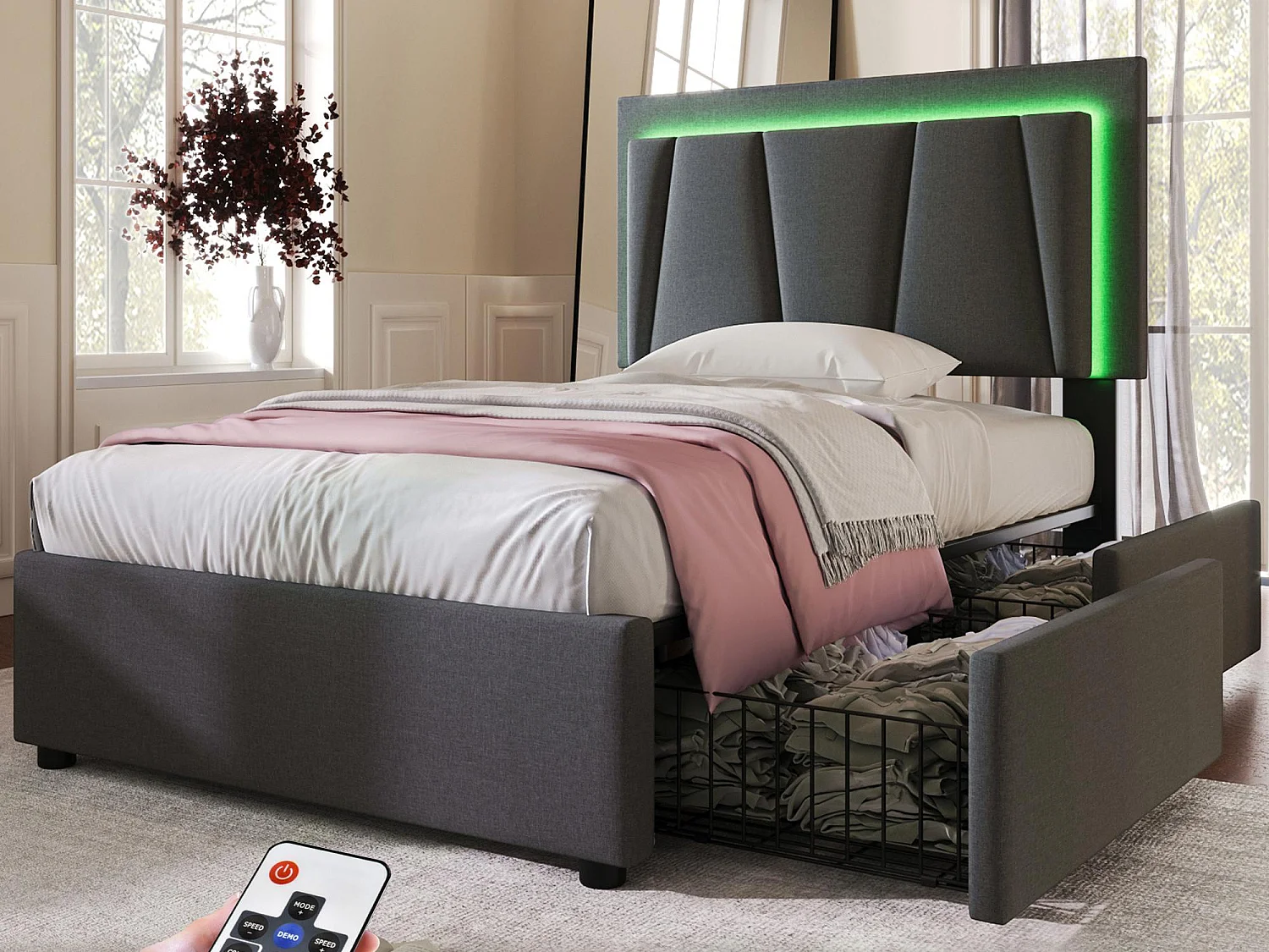 Polsterbett 90x200cm in Leinen – mit 2 Schubladen + LED + Lattenrost – Grau