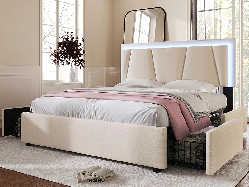 Polsterbett 160x200cm in Leinen – mit 2 Schubladen + LED + Lattenrost – Beige