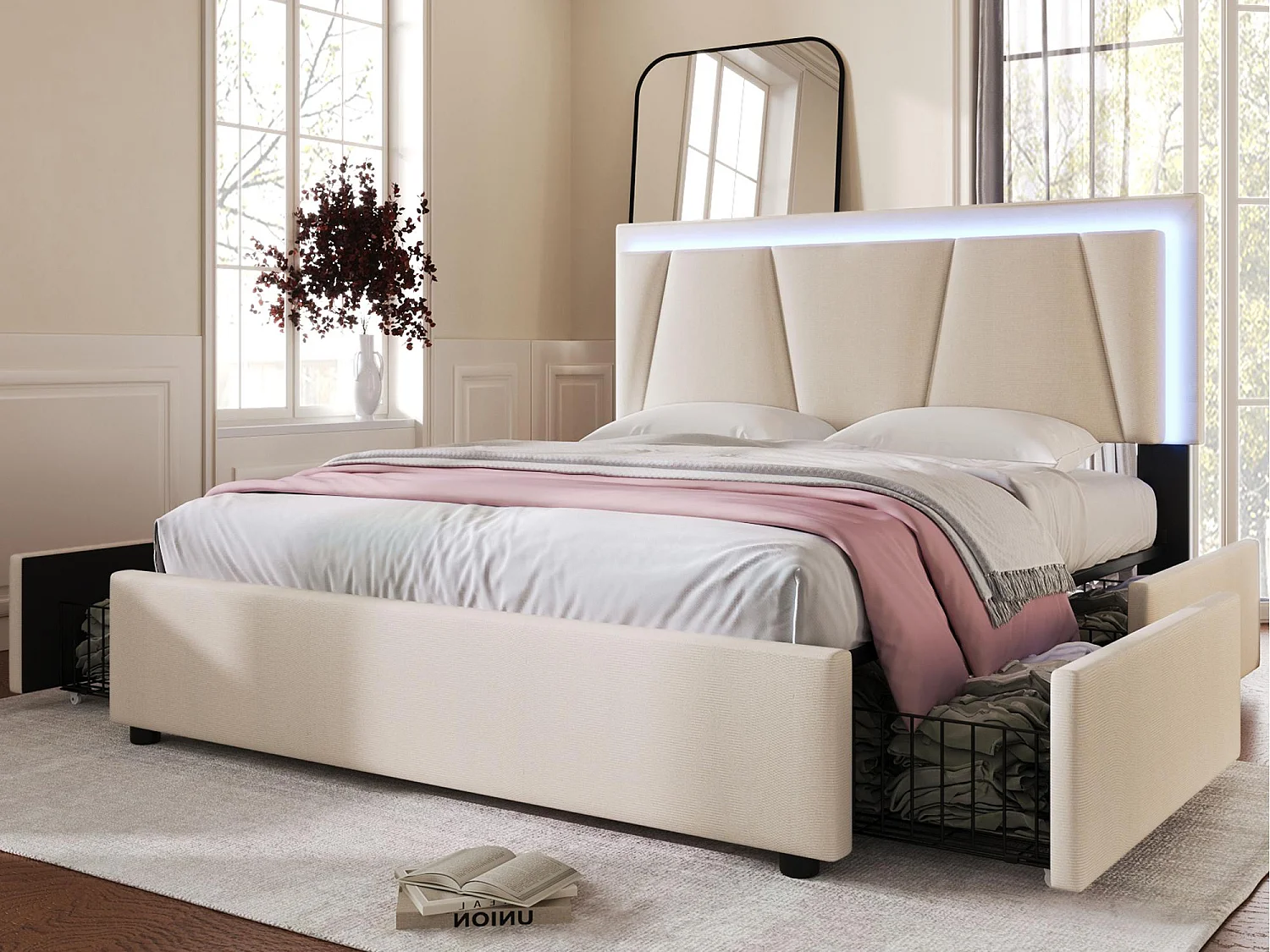 Gestoffeerd bed 160x200cm in linnen - met 2 lades + LED + lattenbodem - Beige