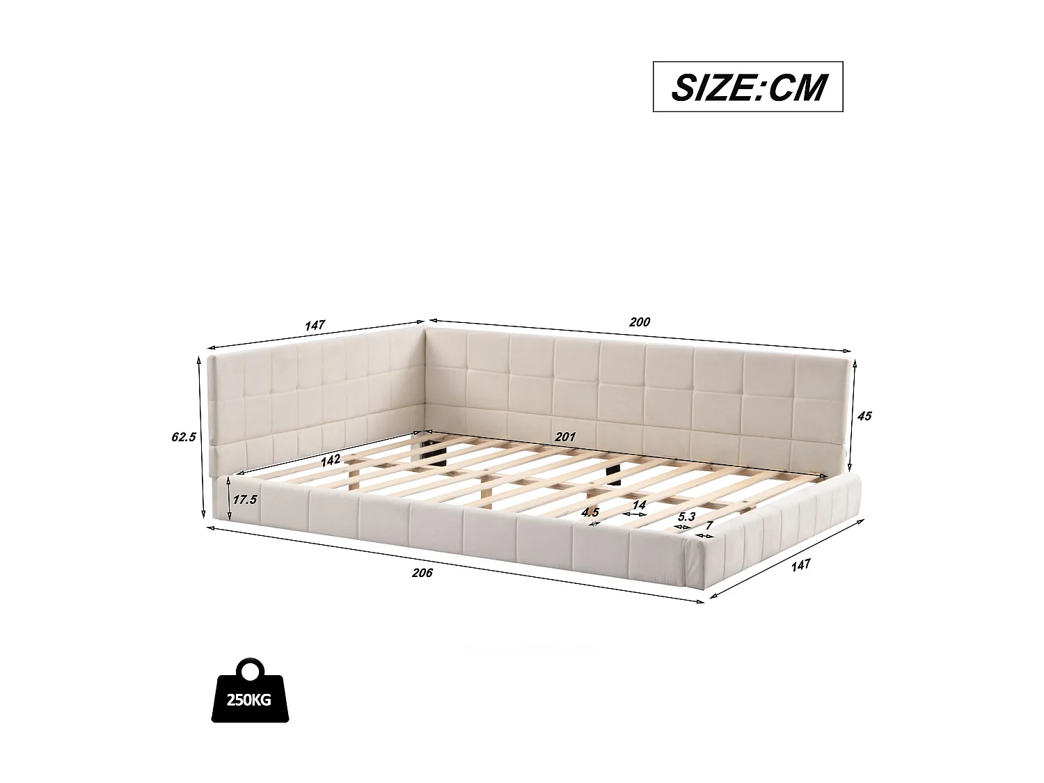 Volwassen bed 140x200cm in fluweel met omheining en lattenbodem - Beige