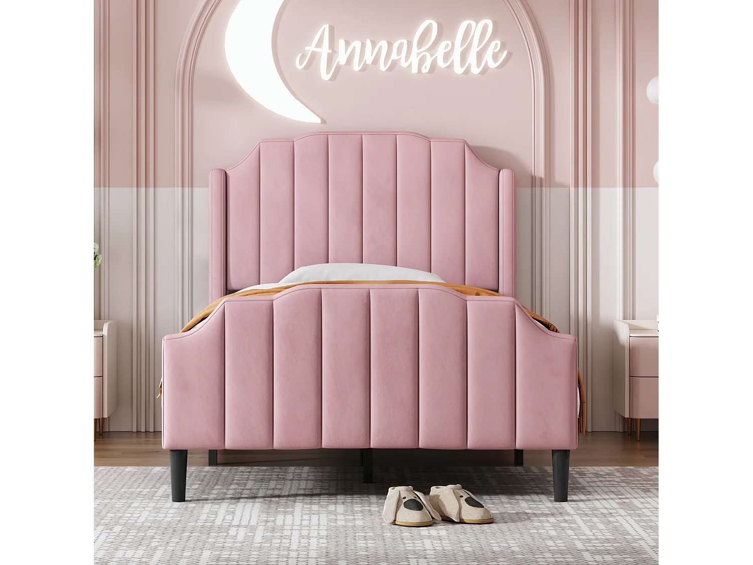 Einzelbett, gepolstert mit Samt, 90 x 200 cm, mit Lattenrost – rosa