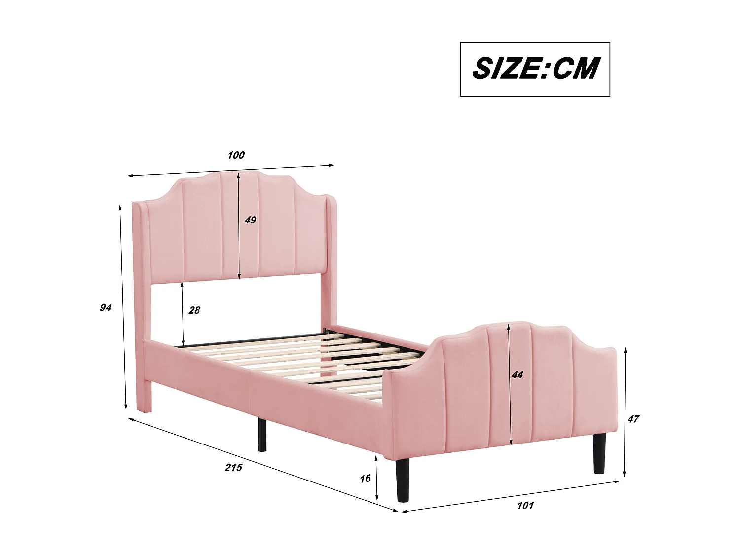 Einzelbett, gepolstert mit Samt, 90 x 200 cm, mit Lattenrost – rosa