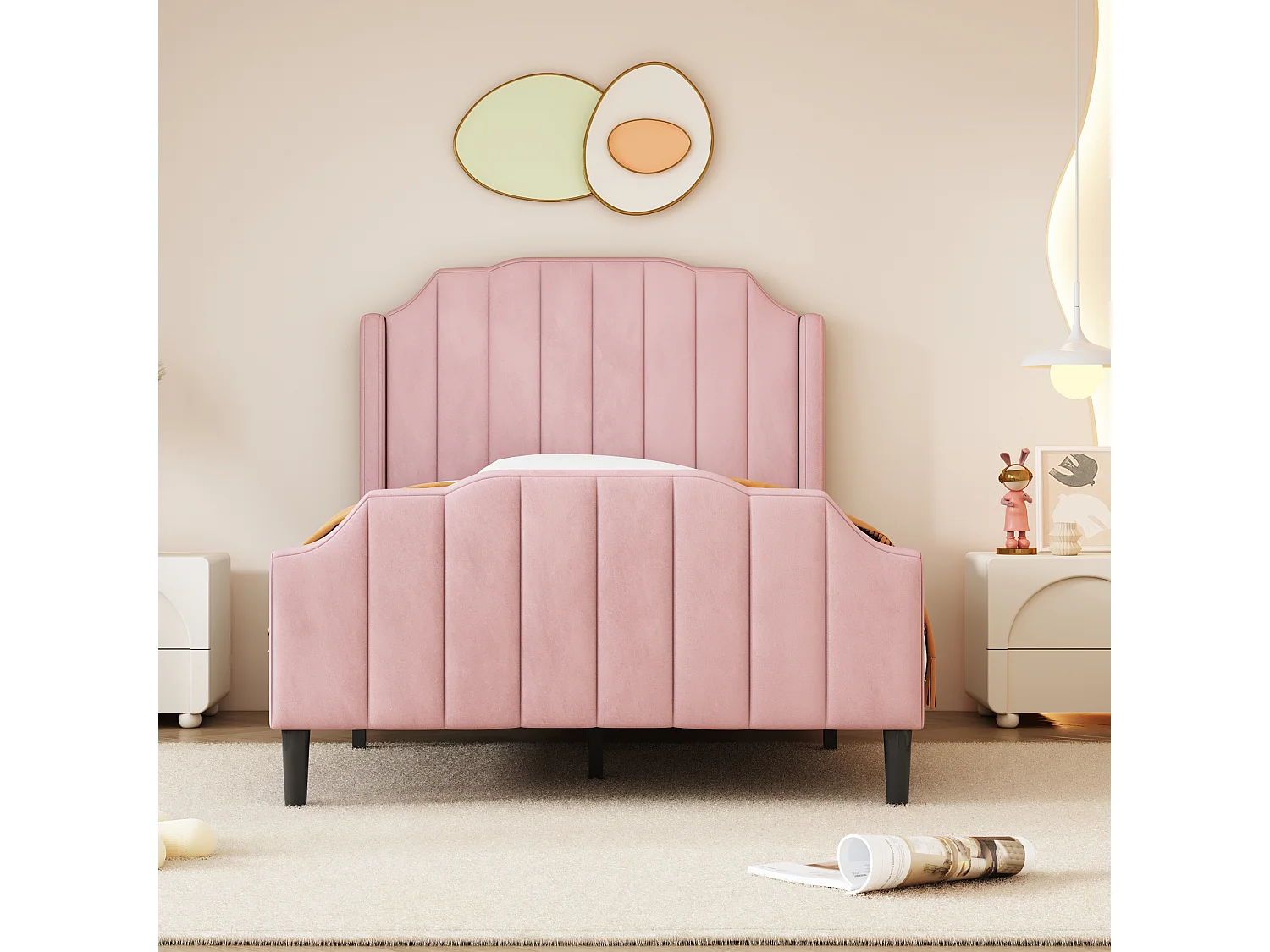 Einzelbett, gepolstert mit Samt, 90 x 200 cm, mit Lattenrost – rosa