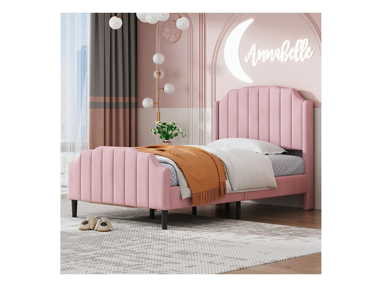 Lit simple rembourré en velours 90x200cm avec sommier à lattes - rose