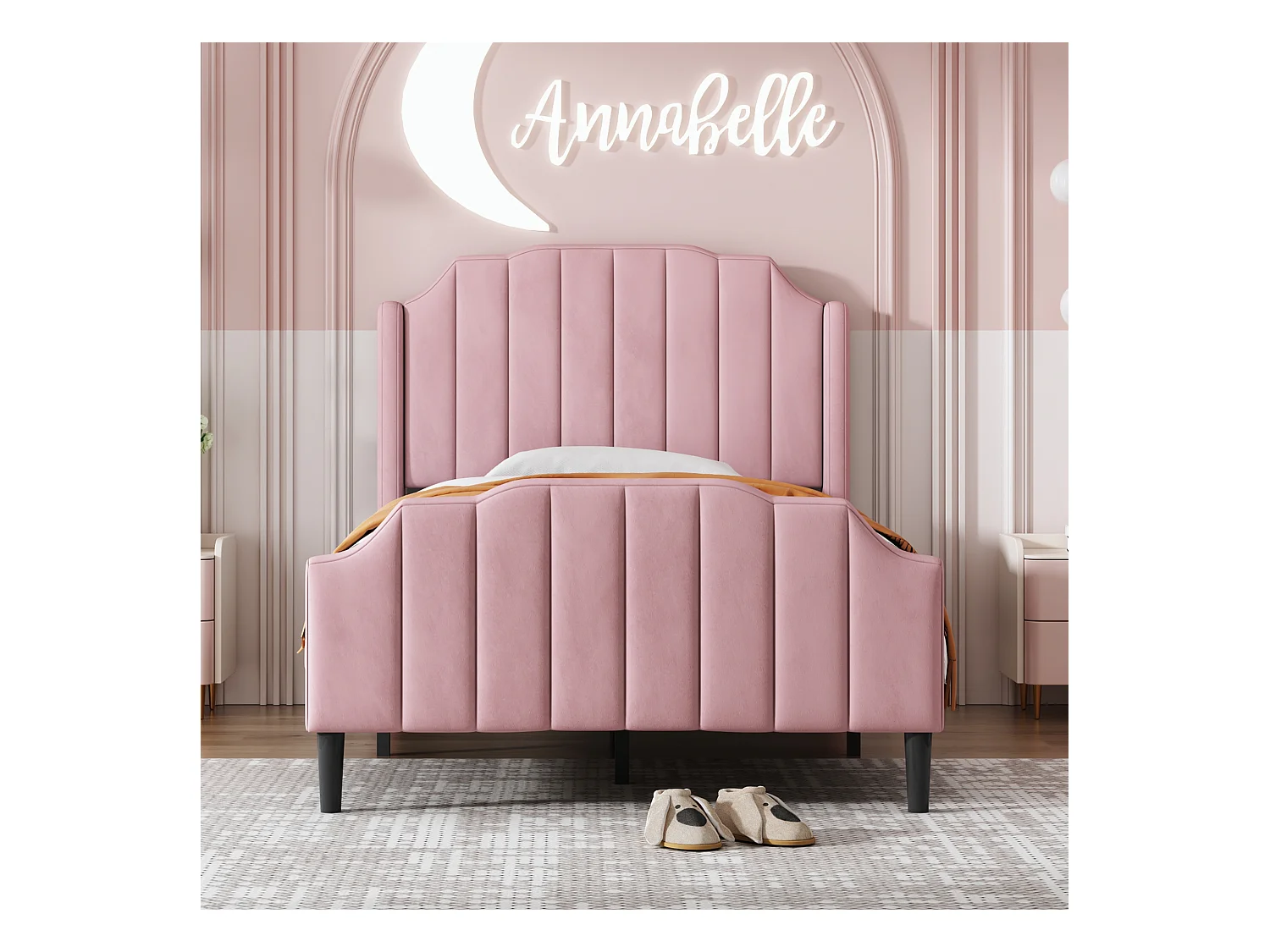 Cama individual tapizada en terciopelo 90x200cm con somier - rosa