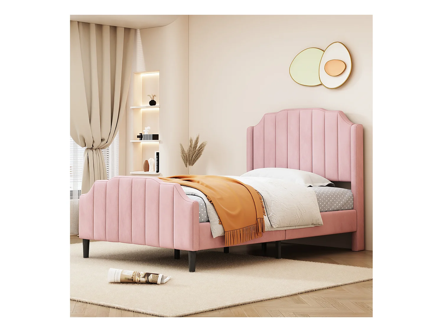 Cama individual tapizada en terciopelo 90x200cm con somier - rosa