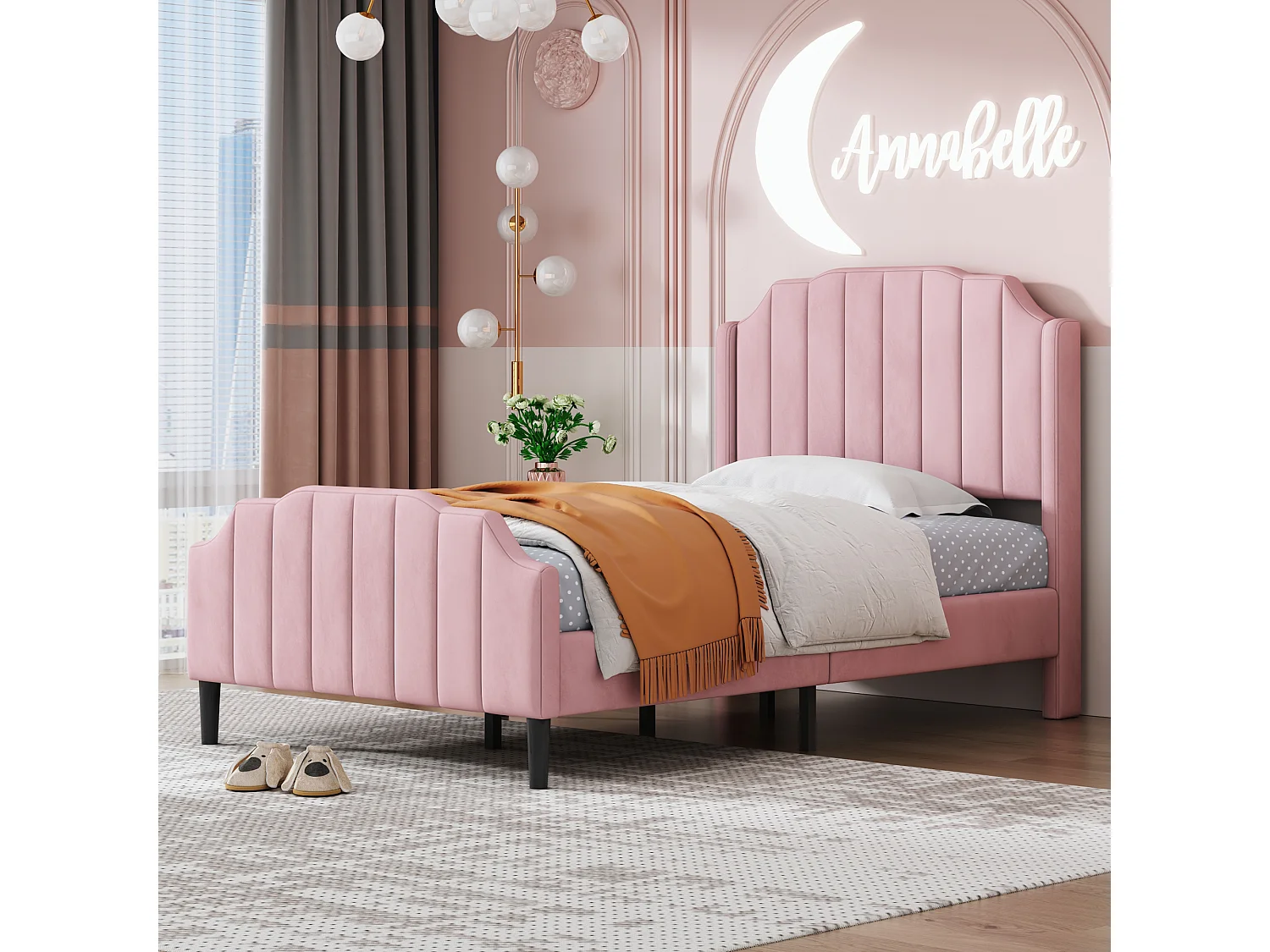 Lit simple rembourré en velours 90x200cm avec sommier à lattes - rose