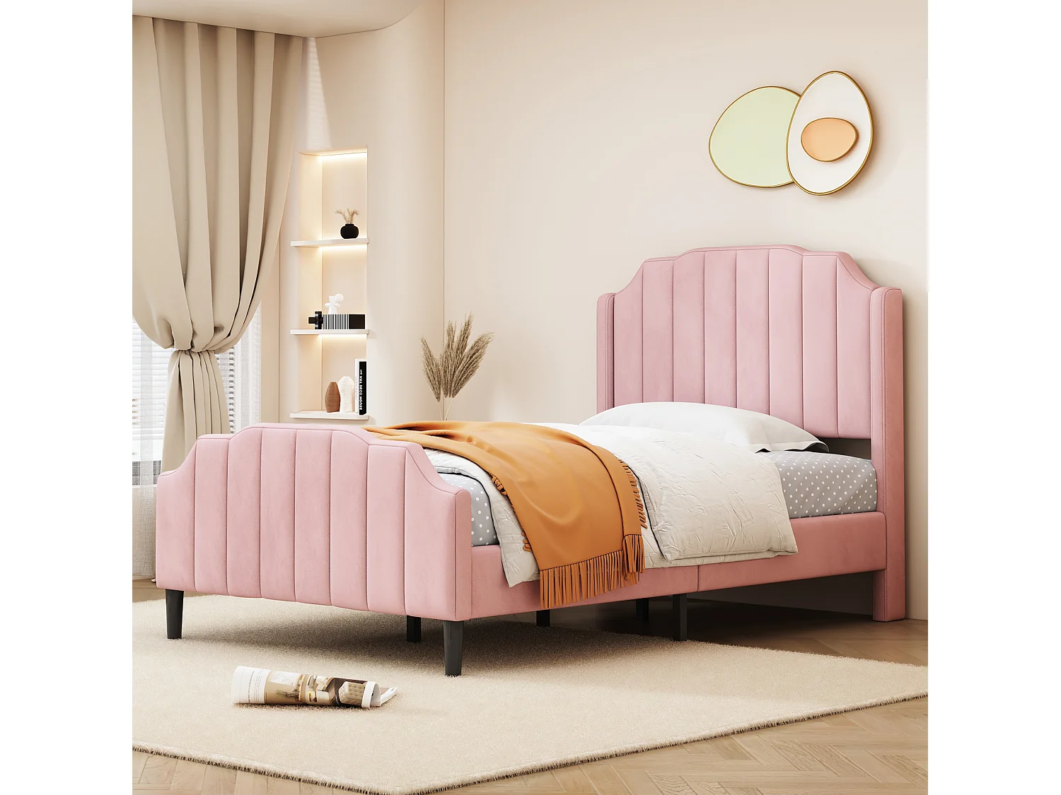 Lit simple rembourré en velours 90x200cm avec sommier à lattes - rose