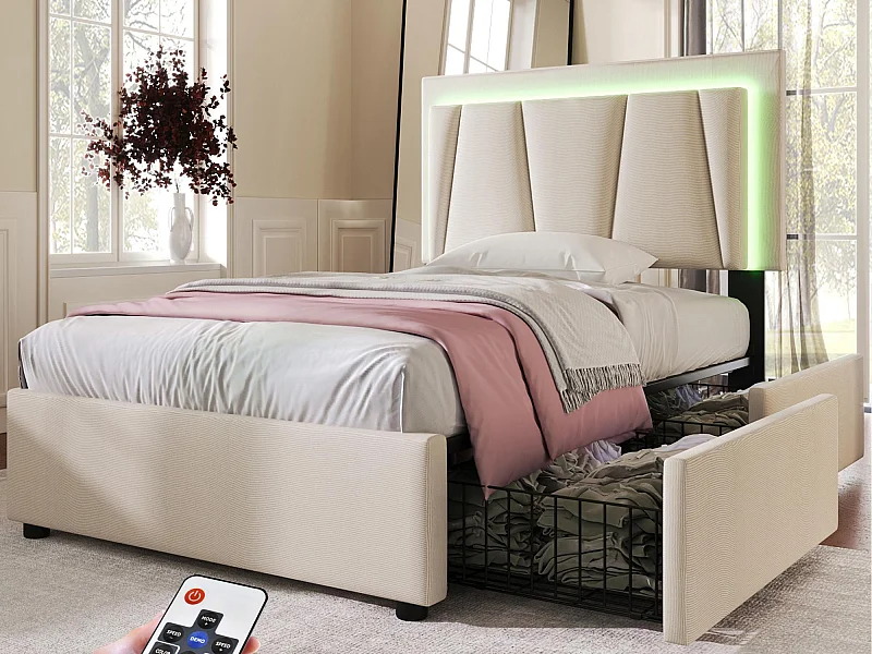 Polsterbett 90x200cm in Leinen – mit 2 Schubladen + LED + Lattenrost – Beige