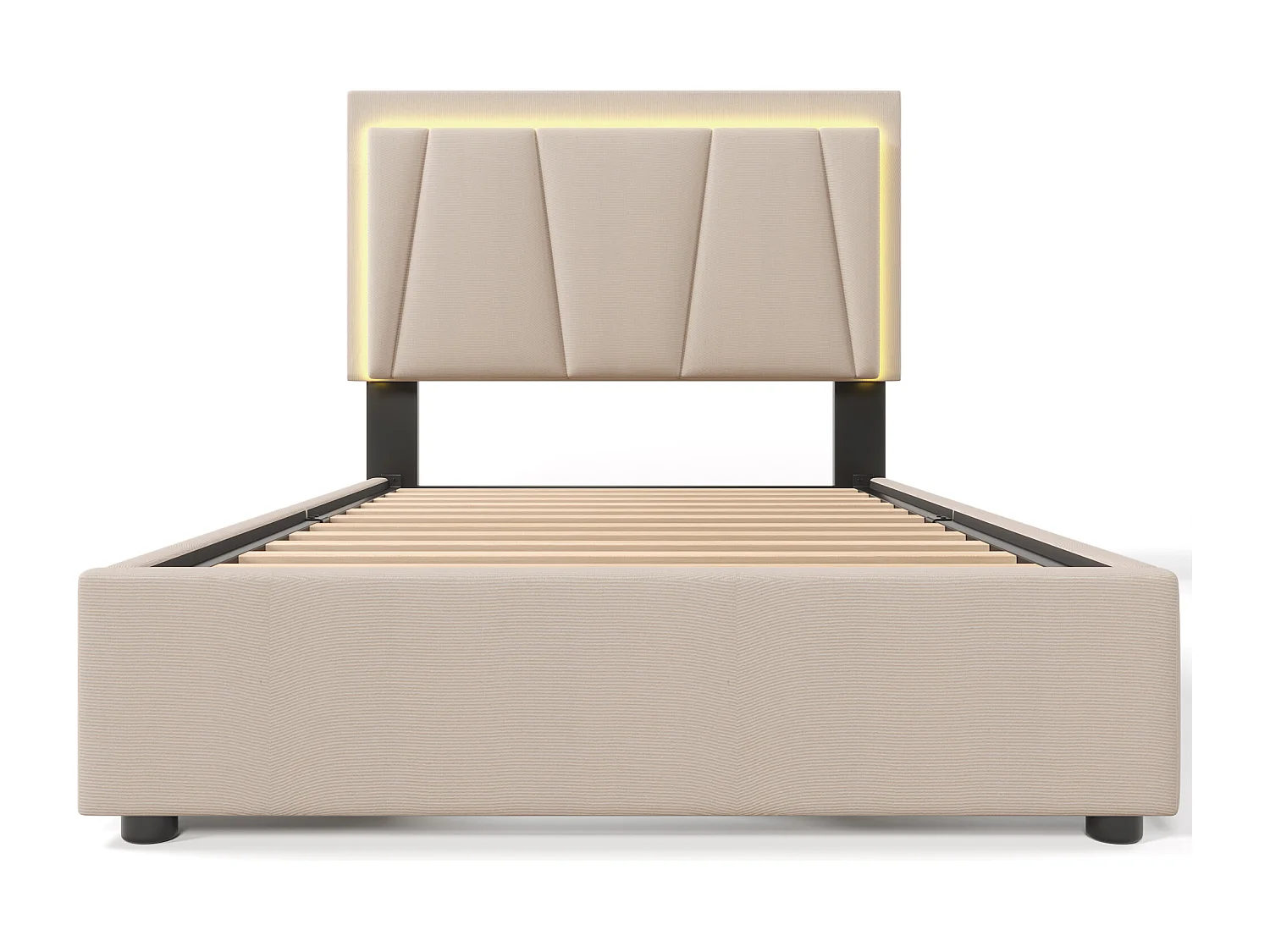 Lit 90x200cm avec 2 tiroirs + LED + sommier à lattes - lin - beige