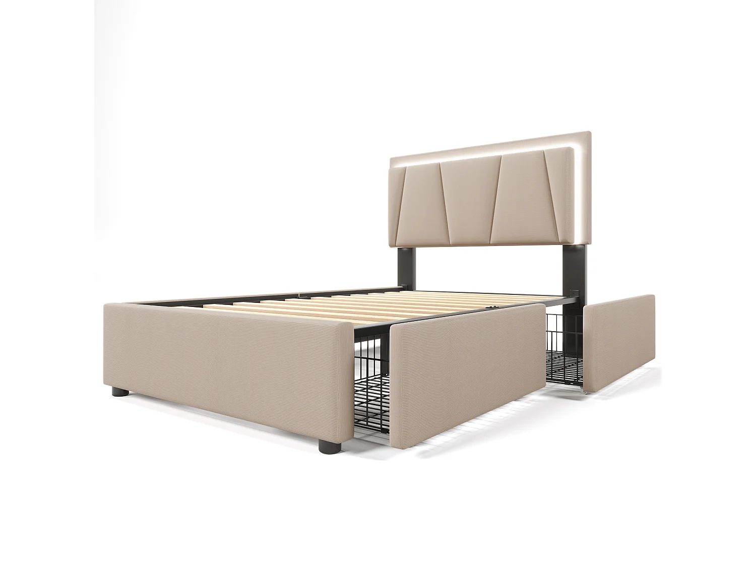 Lit 90x200cm avec 2 tiroirs + LED + sommier à lattes - lin - beige