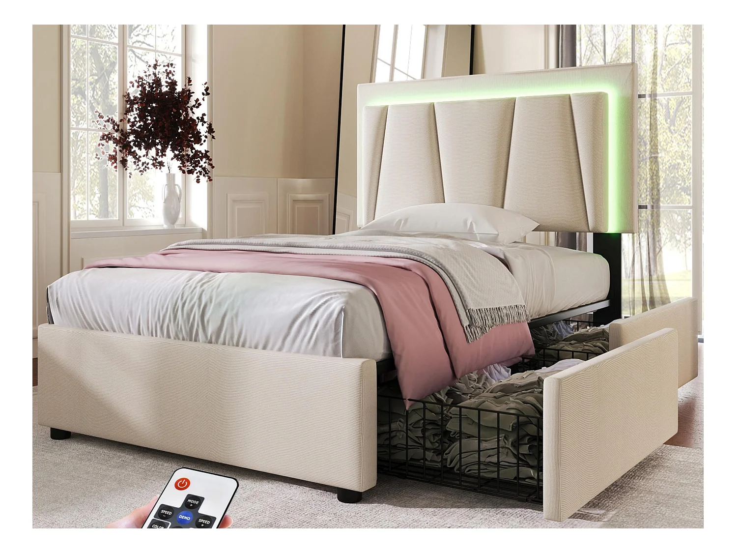 Lit 90x200cm avec 2 tiroirs + LED + sommier à lattes - lin - beige