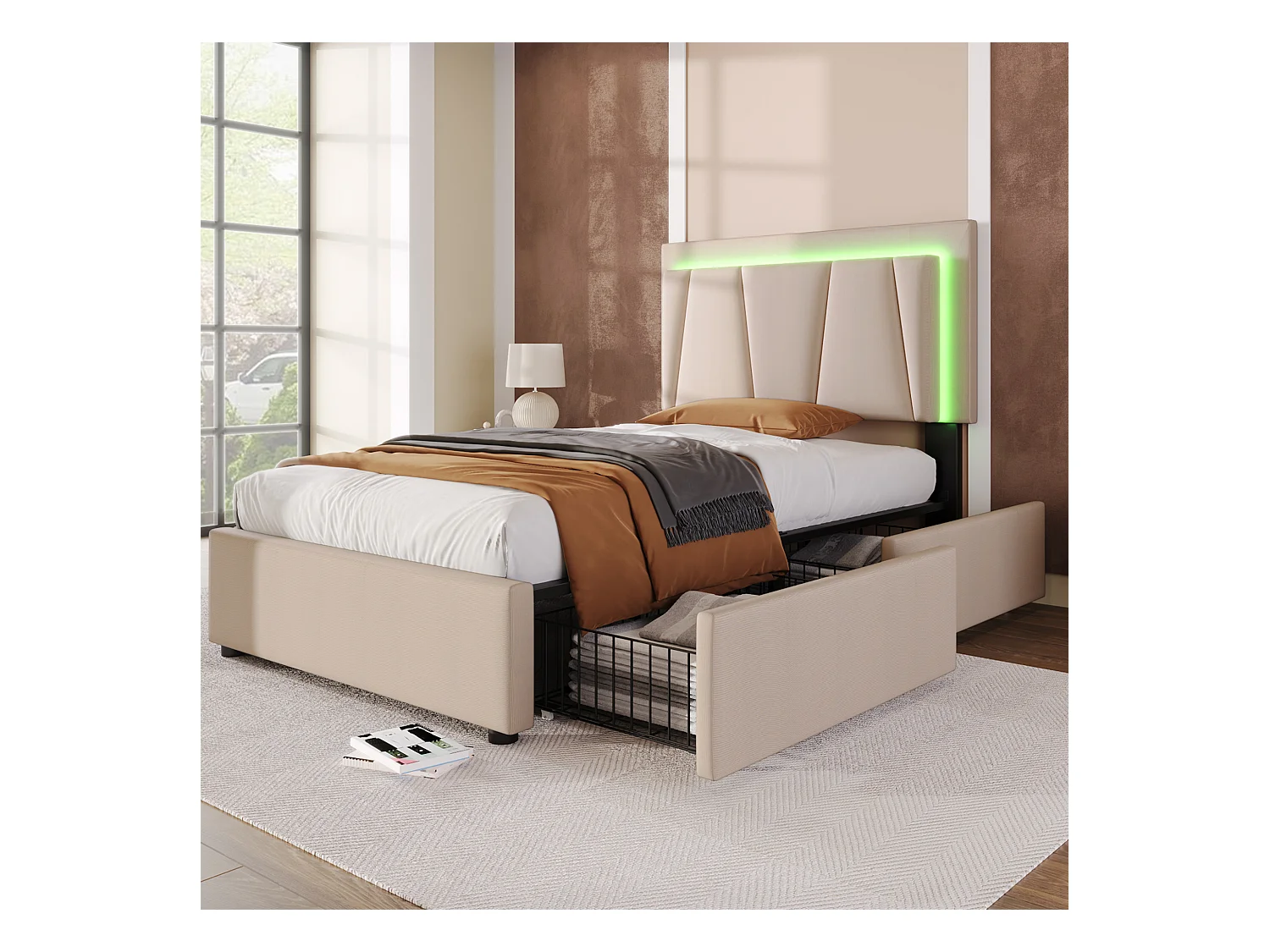 Cama tapizada 90x200cm en lino - con 2 cajones + LED + somier - Beige