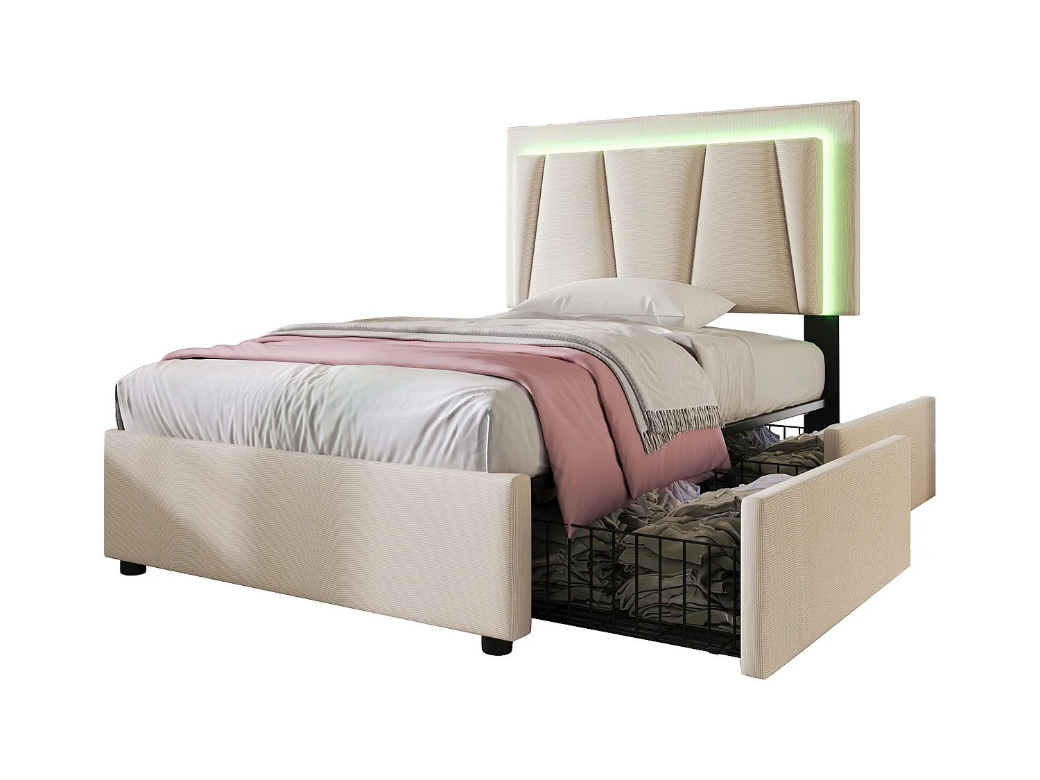 Cama tapizada 90x200cm en lino - con 2 cajones + LED + somier - Beige