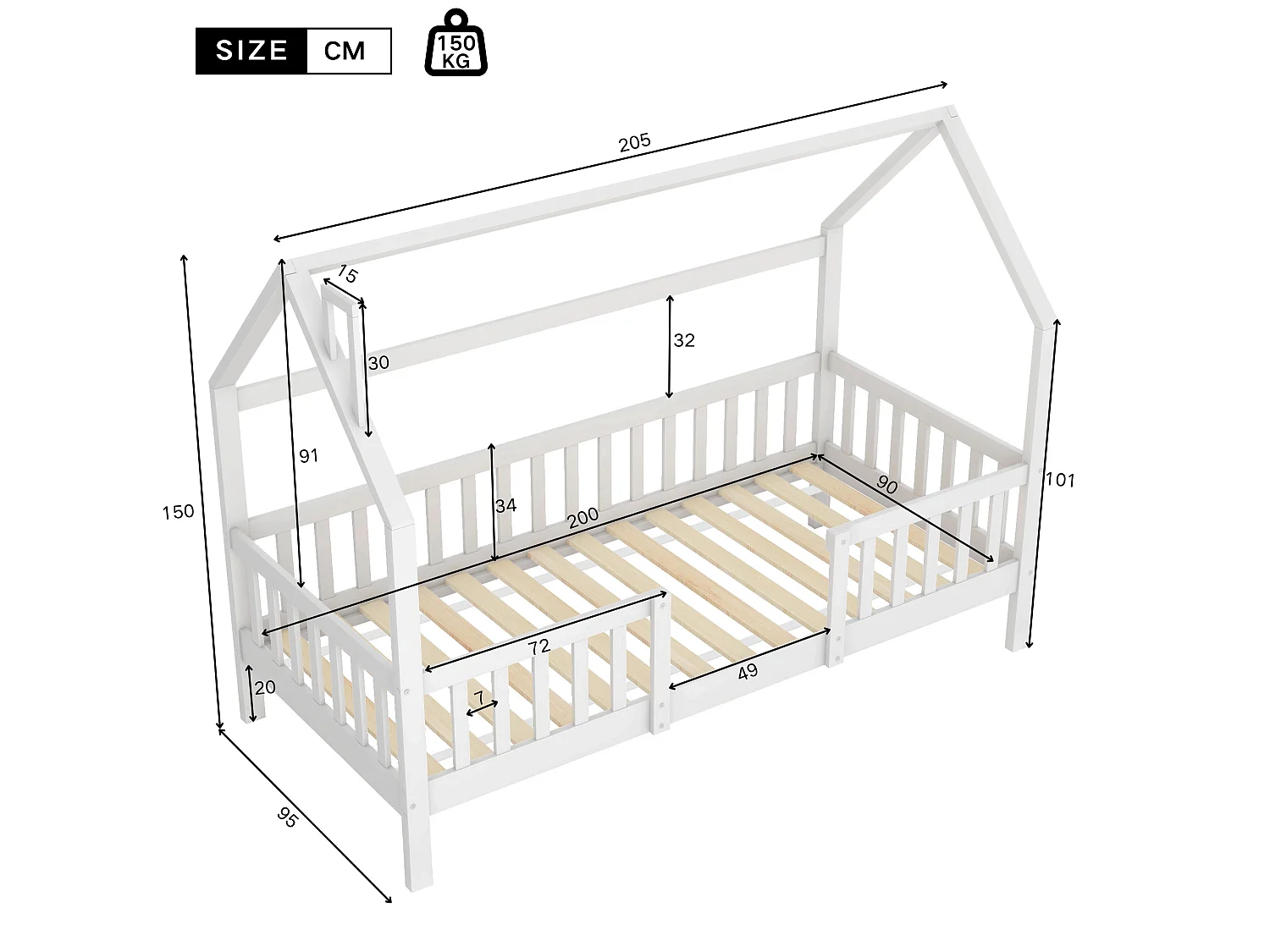 Letto a soppalco in legno - 90x200 cm - con rete a doghe - Bianco