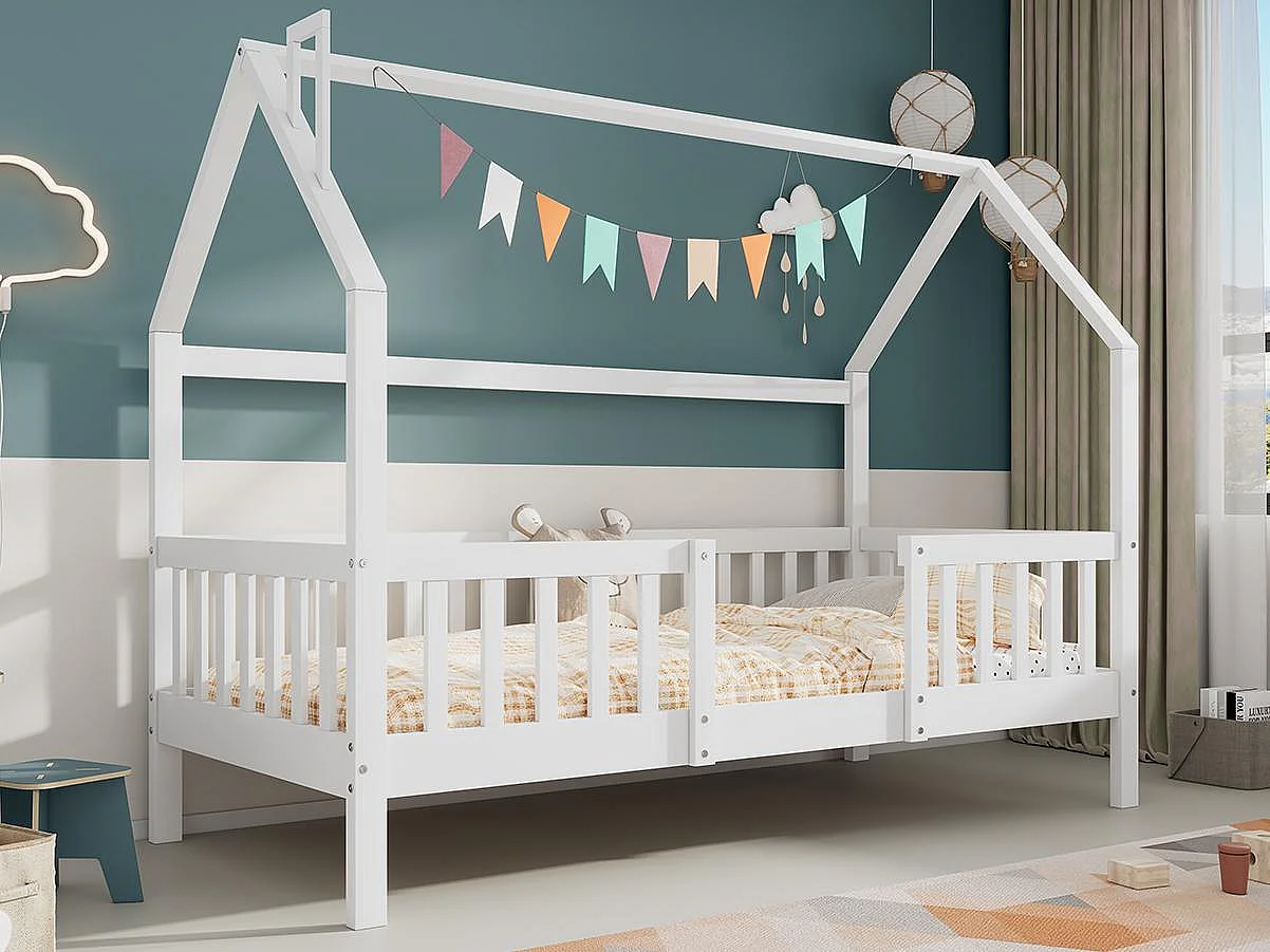 Letto a soppalco in legno - 90x200 cm - con rete a doghe - Bianco