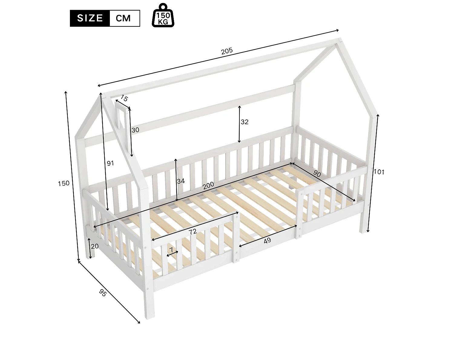 Hochbett aus Holz - 90x200 cm - mit Lattenrost - Weiß