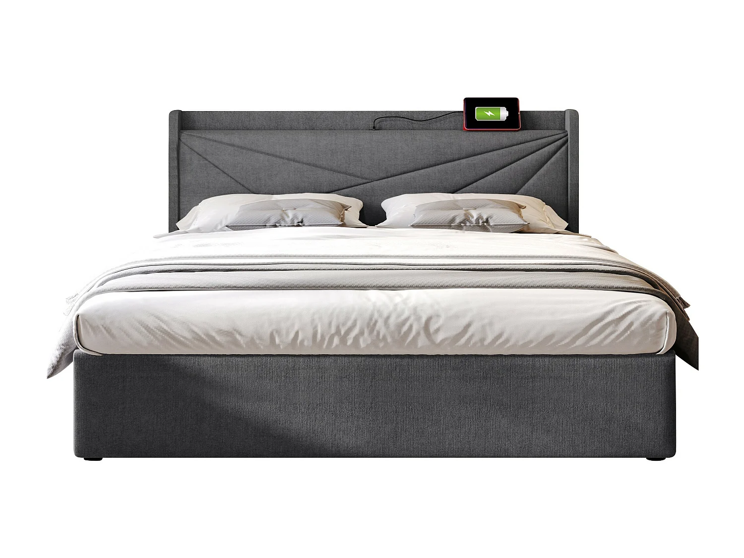 Bett mit Stauraum, 180 x 200 cm, Leinenstoff – mit USB-Anschluss und Lattenrost – Grau