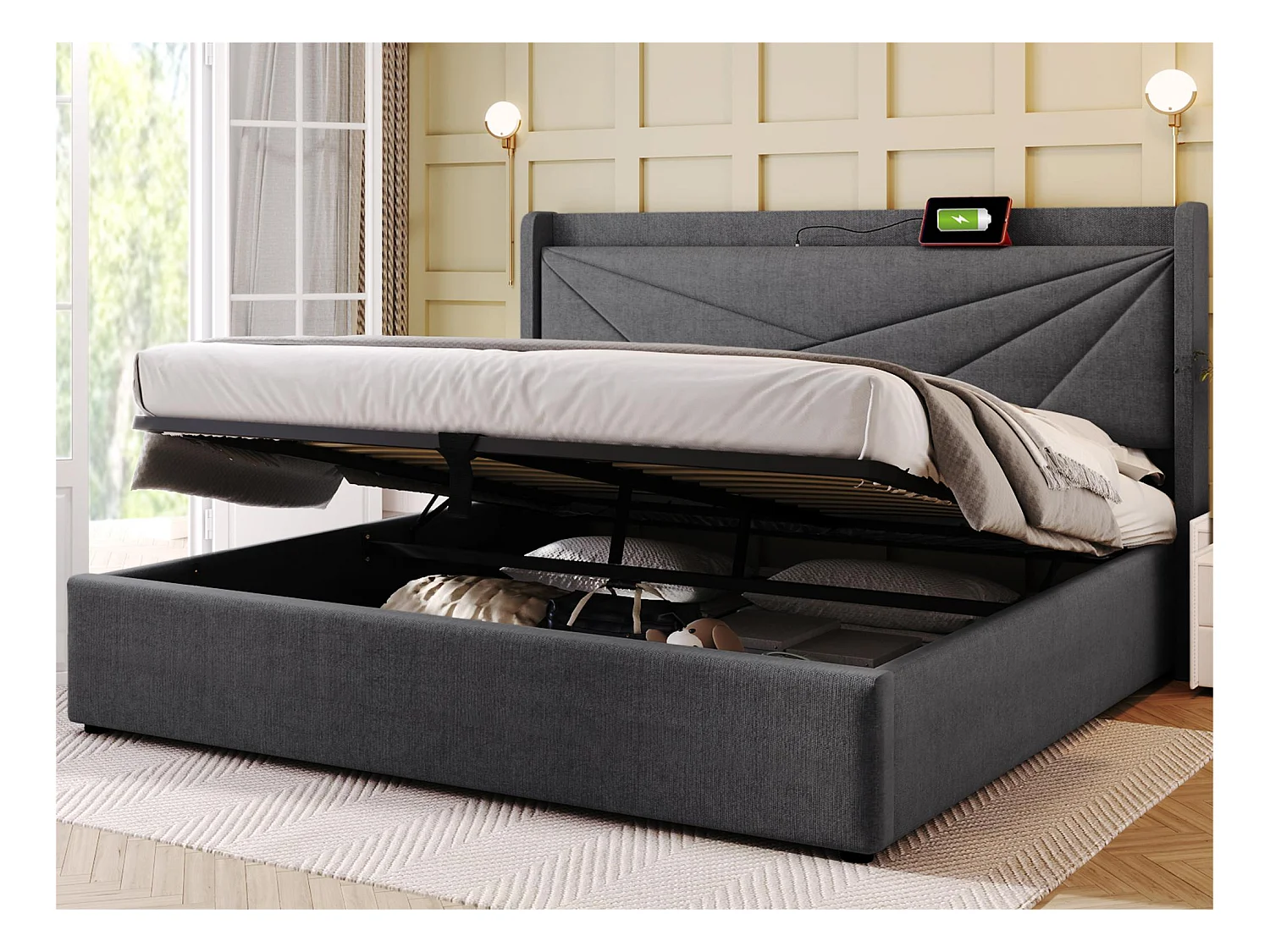 Lit coffre 180x200cm tissu en lin - avec port USB et sommier à lattes - Gris