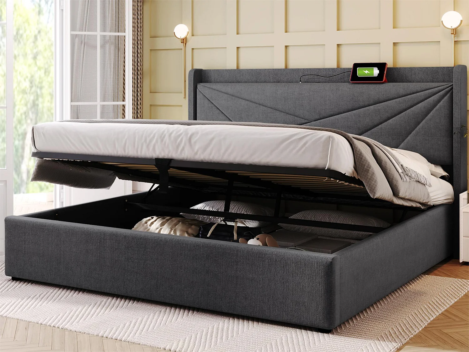 Lit coffre 180x200cm tissu en lin - avec port USB et sommier à lattes - Gris