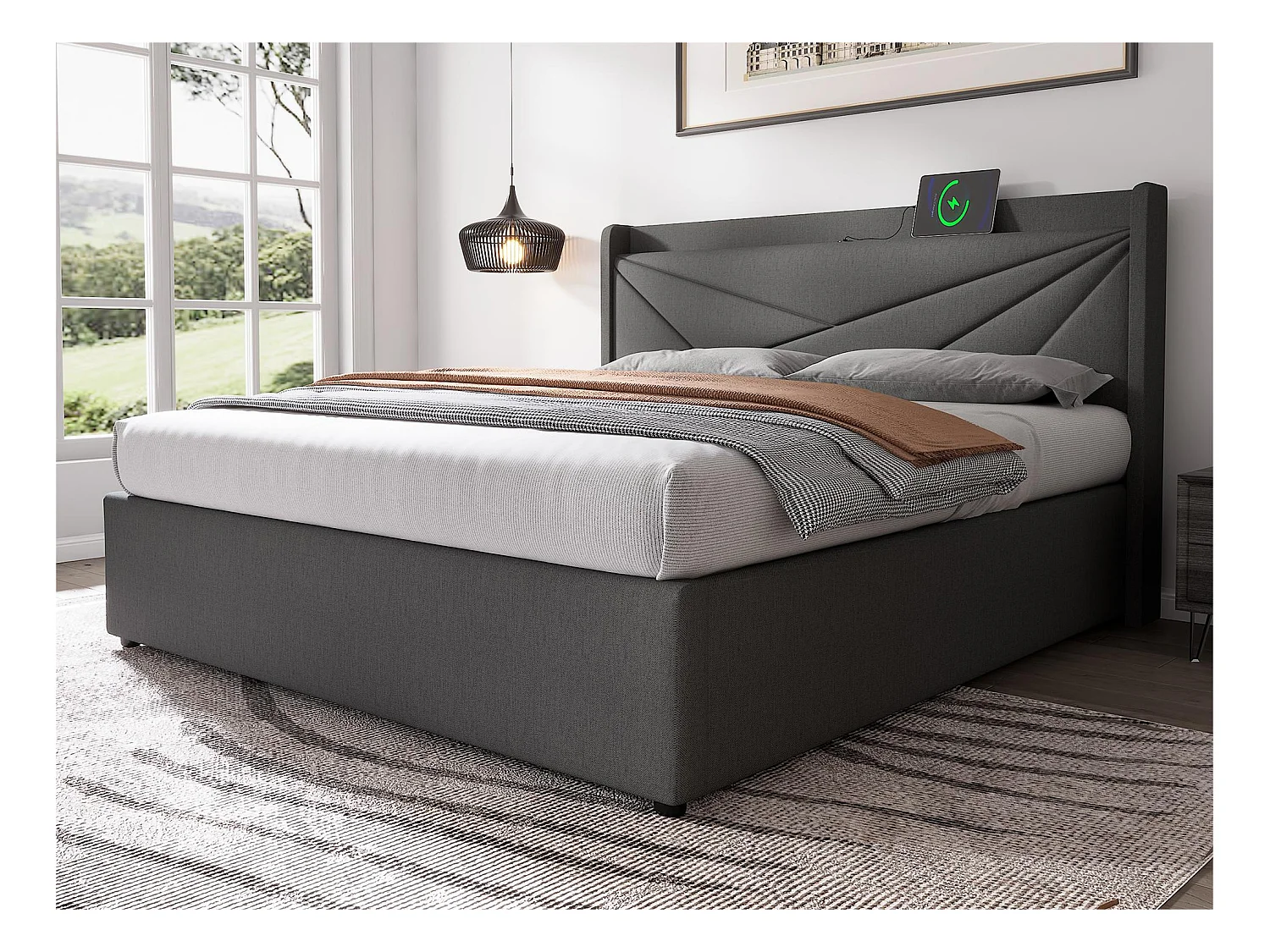 Lit coffre 140x200cm tissu en lin - avec port USB et sommier à lattes - Gris