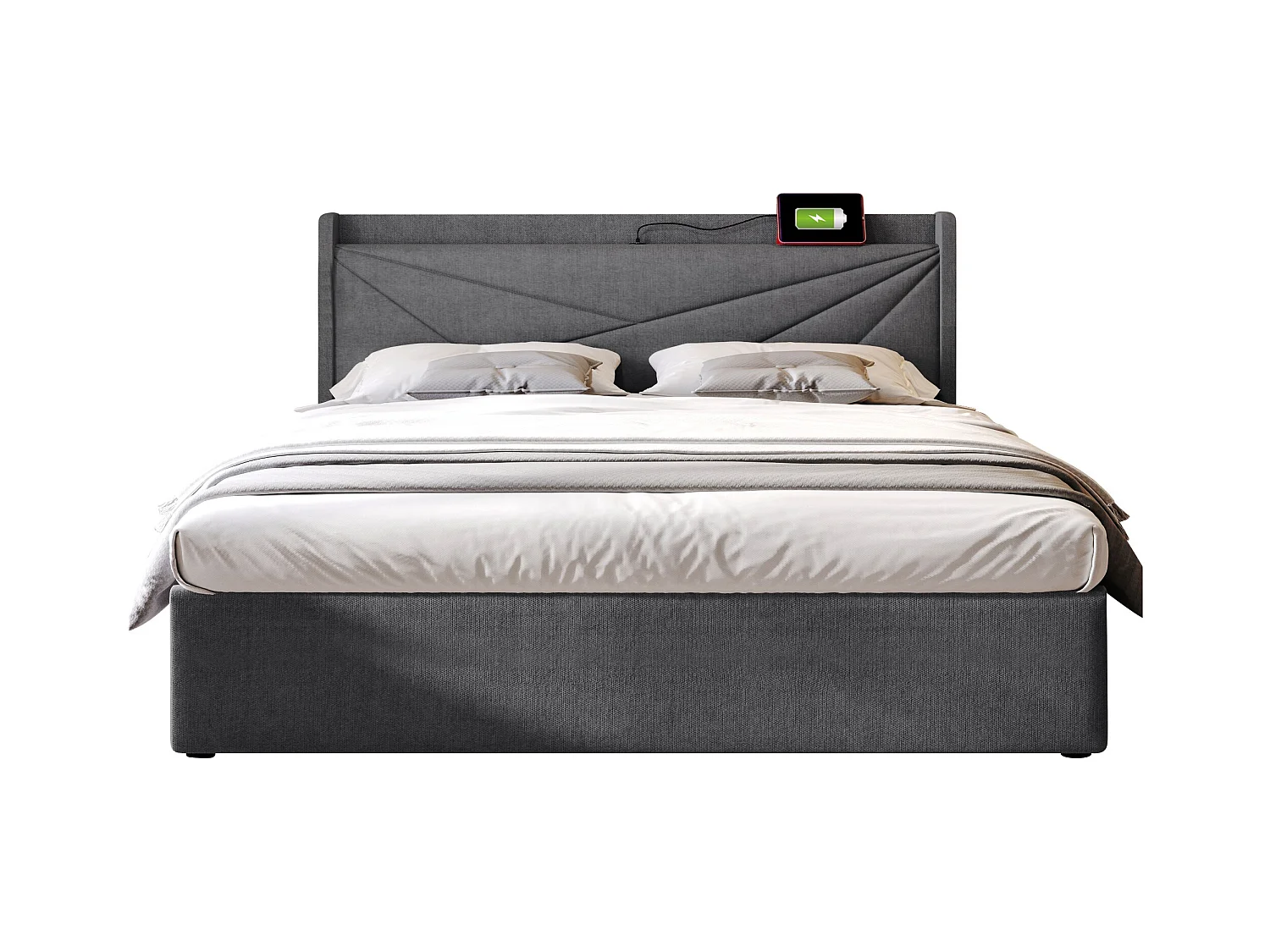 Opbergbed 140x200cm linnen stof - met USB-poort en lattenbodem - Grijs