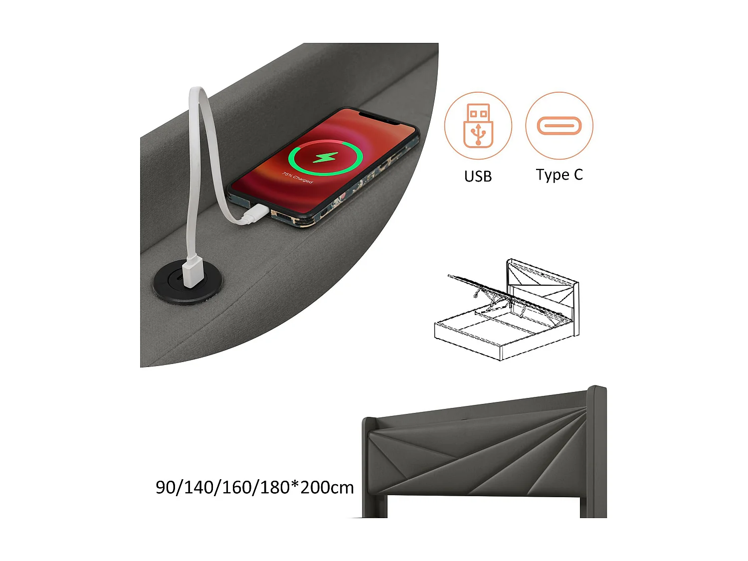 Lit coffre 140x200cm tissu en lin - avec port USB et sommier à lattes - Gris