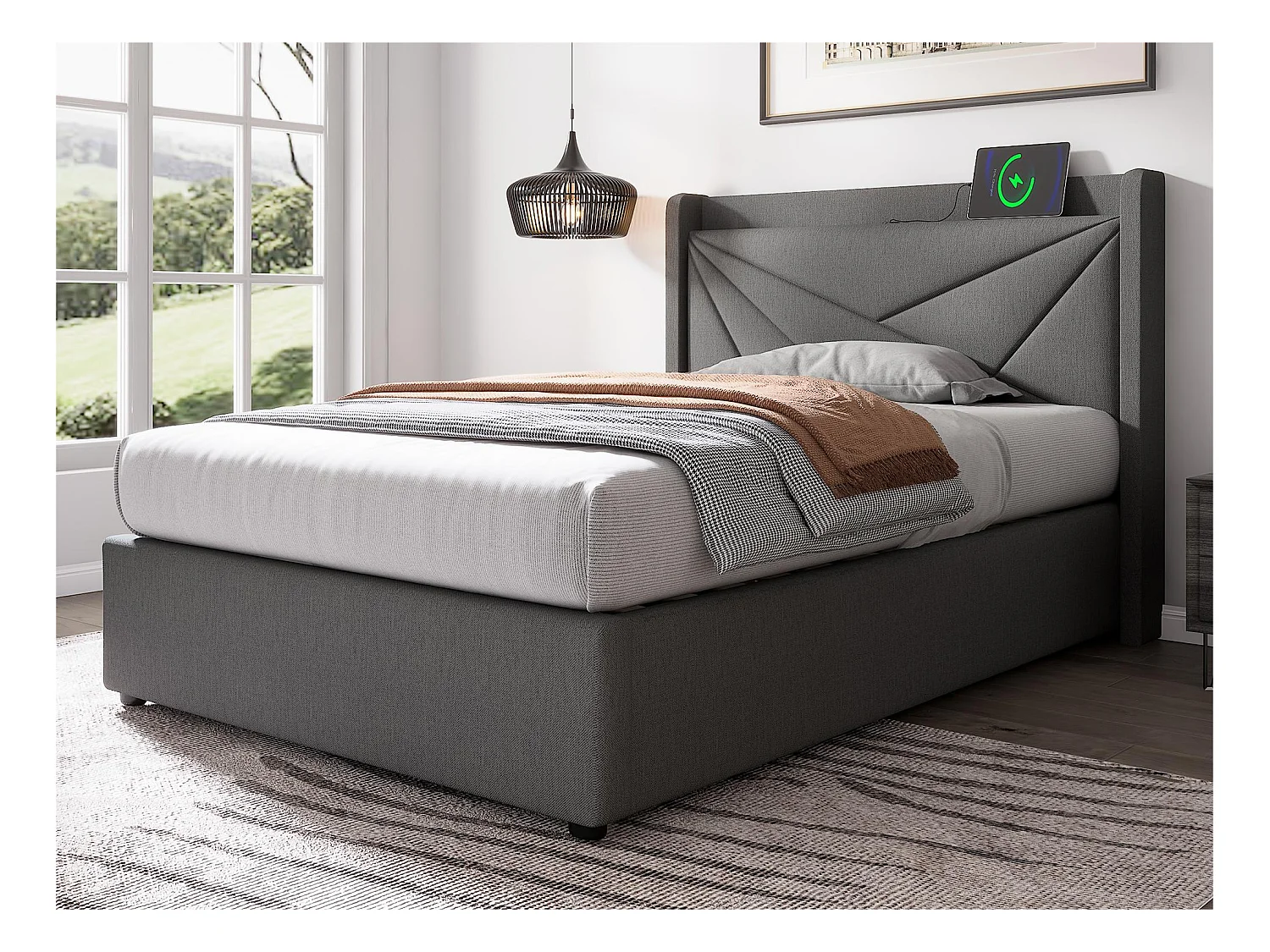 Lit coffre 90x200cm tissu en lin - avec port USB et sommier à lattes - Gris