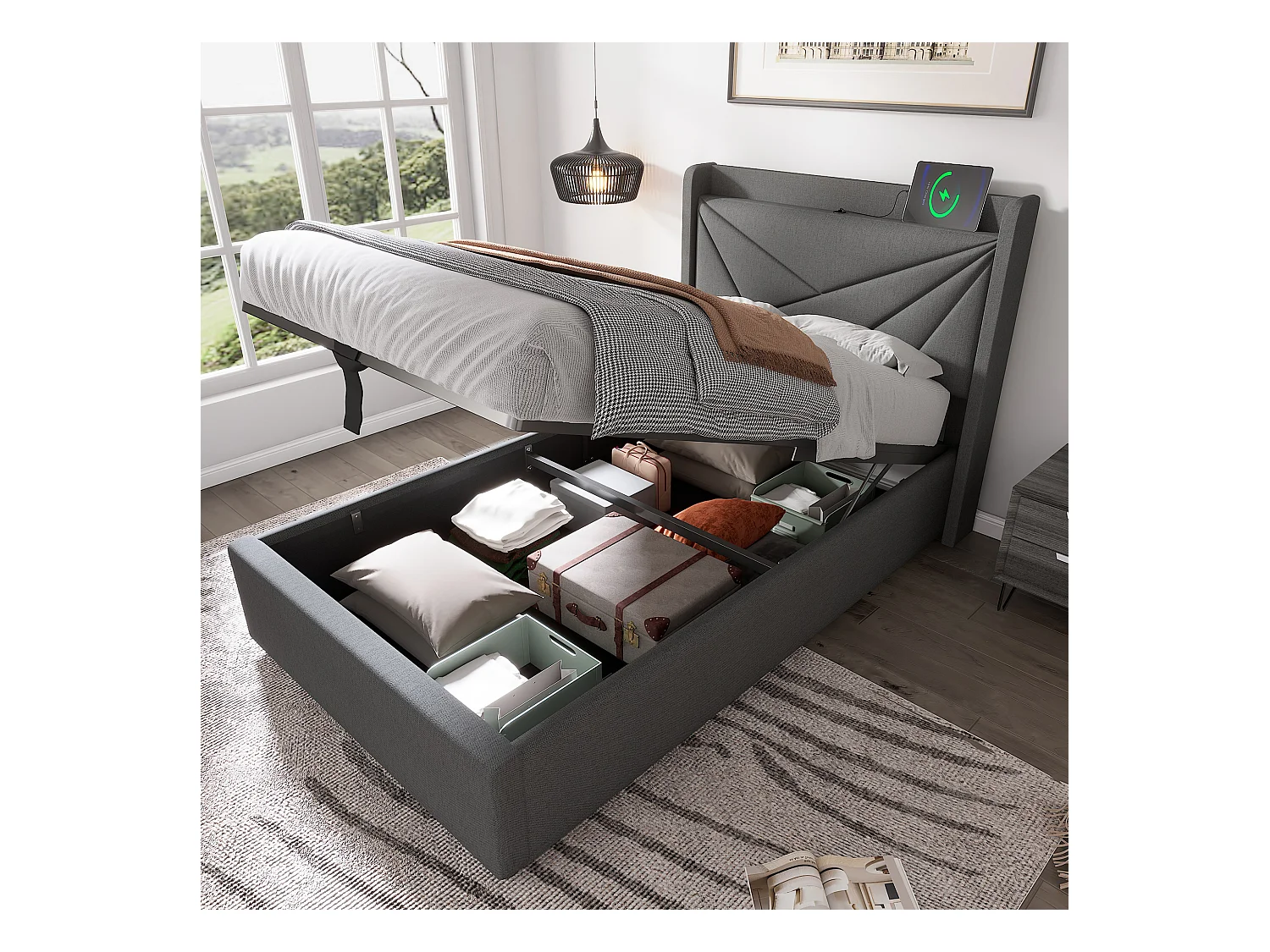 Cama contenedor de tela de lino 90x200 cm - con puerto USB y somier - Gris