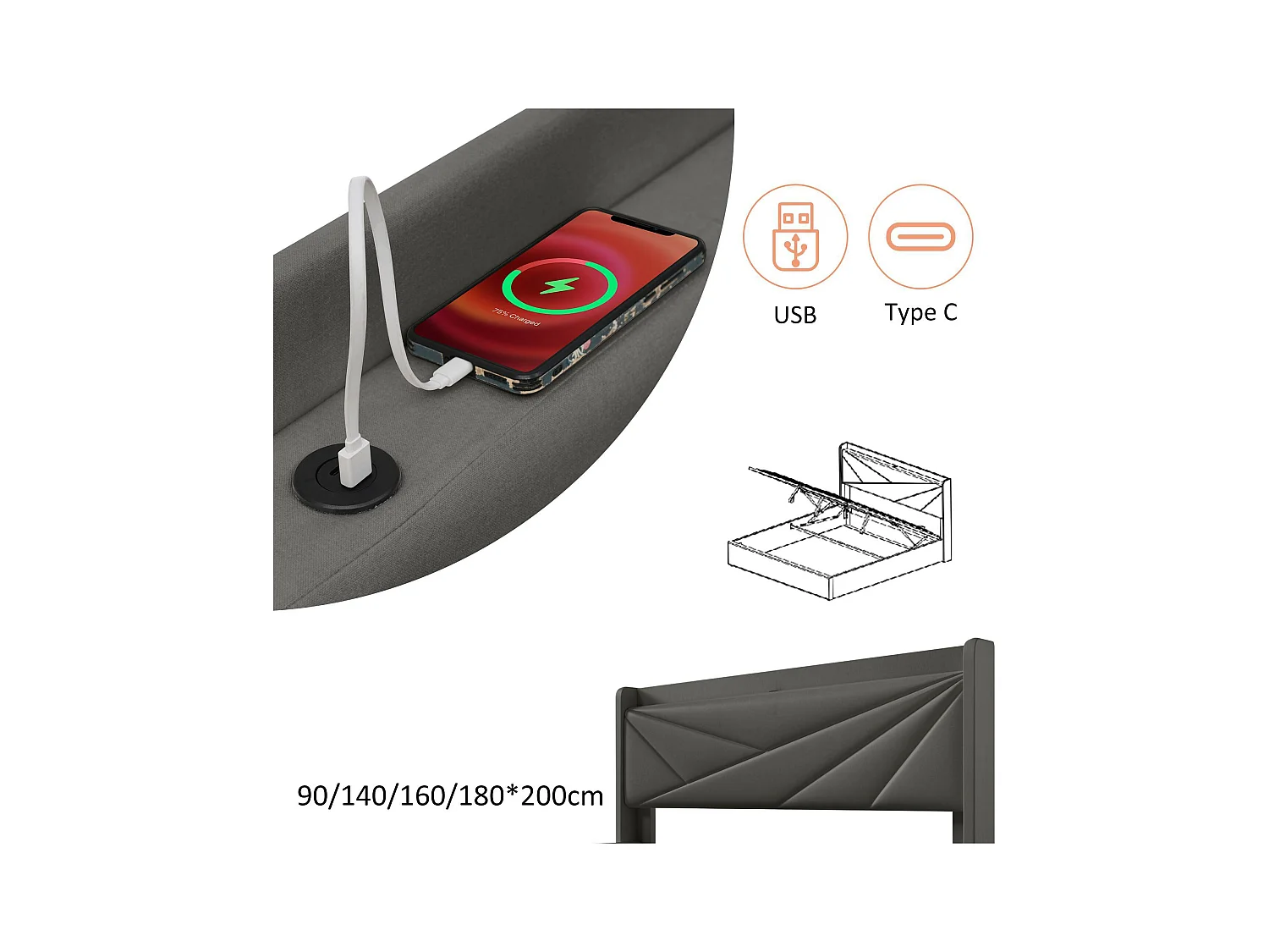 Cama contenedor de tela de lino 90x200 cm - con puerto USB y somier - Gris