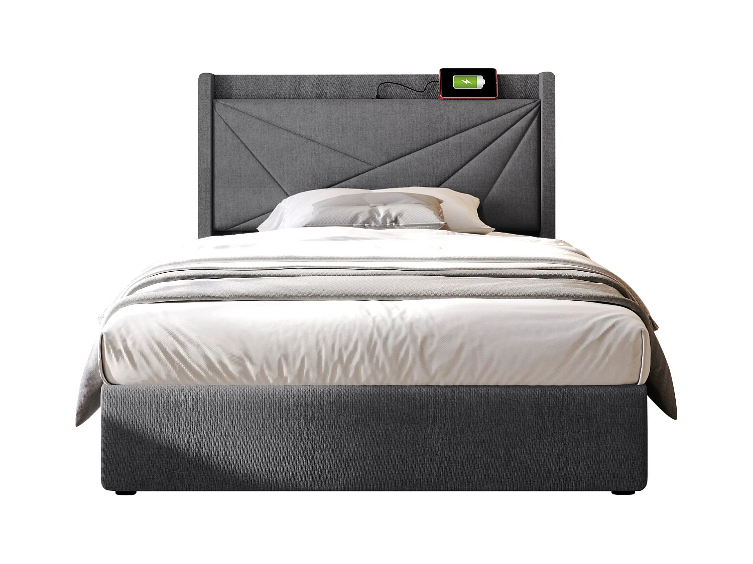 Cama contenedor de tela de lino 90x200 cm - con puerto USB y somier - Gris