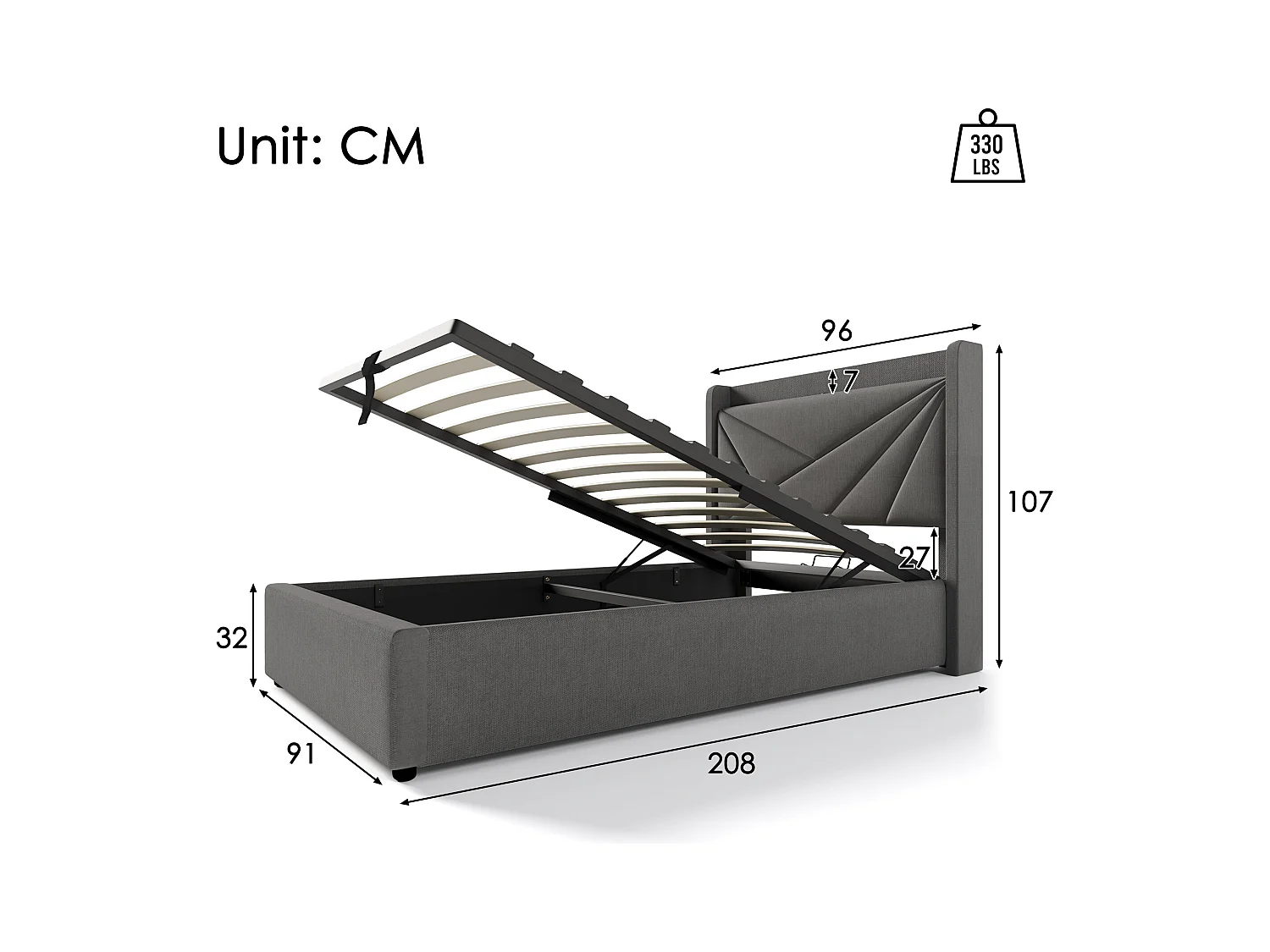 Cama contenedor de tela de lino 90x200 cm - con puerto USB y somier - Gris