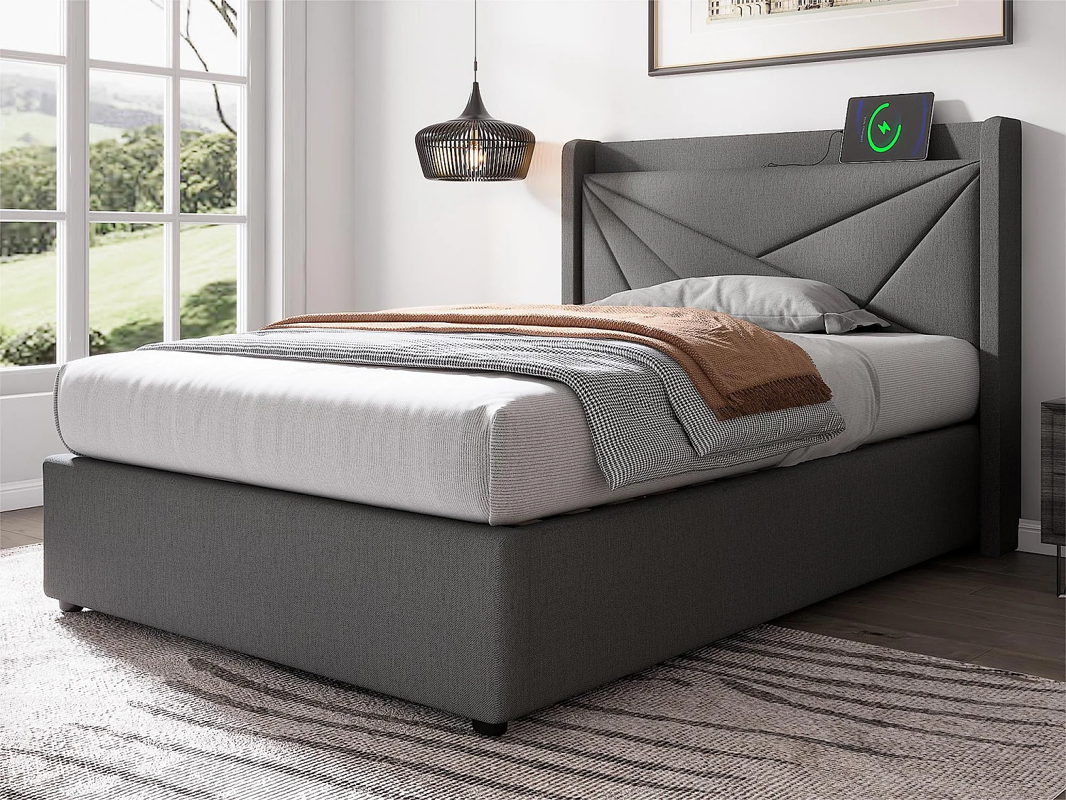 Lit coffre 90x200cm tissu en lin - avec port USB et sommier à lattes - Gris