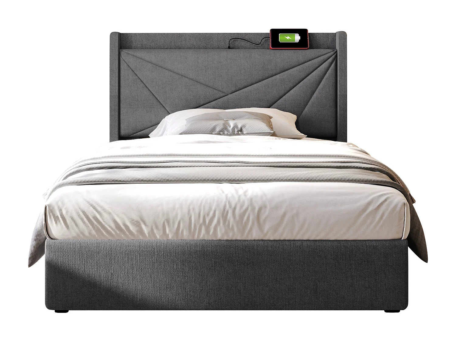 Lit coffre 90x200cm tissu en lin - avec port USB et sommier à lattes - Gris