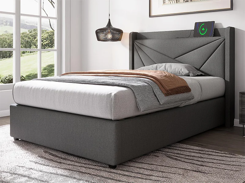 Bett mit Stauraum, 90 x 200 cm, Leinenstoff – mit USB-Anschluss und Lattenrost – Grau