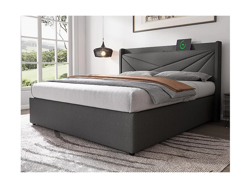 Bett mit Stauraum, 160 x 200 cm, Leinenstoff – mit USB-Anschluss und Lattenrost – Grau