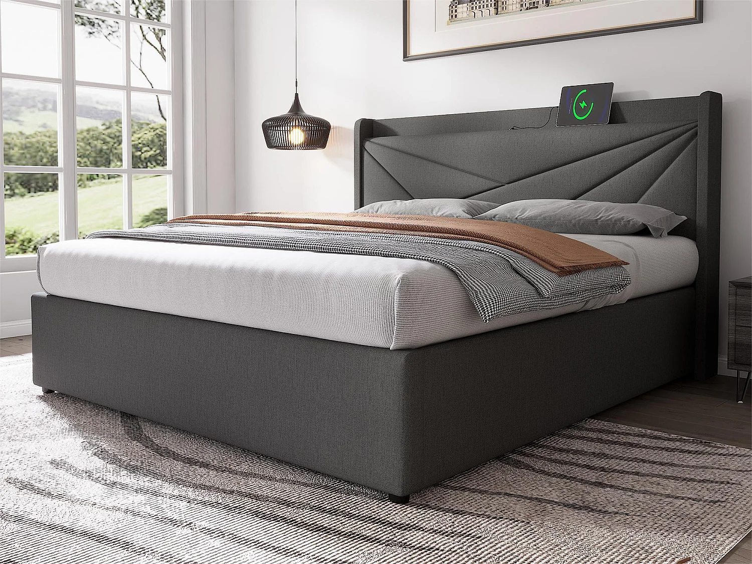 Bett mit Stauraum, 160 x 200 cm, Leinenstoff – mit USB-Anschluss und Lattenrost – Grau