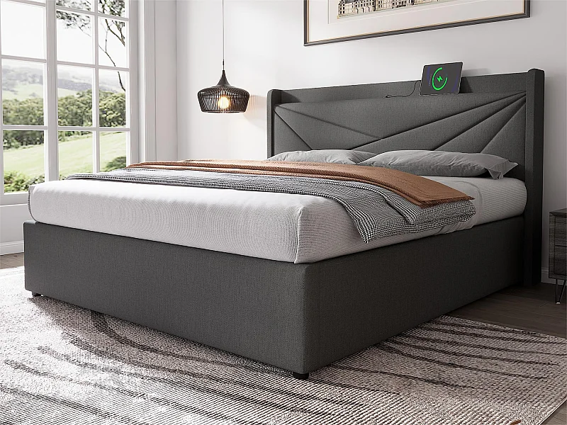 Lit coffre 160x200cm tissu en lin - avec port USB et sommier à lattes - Gris