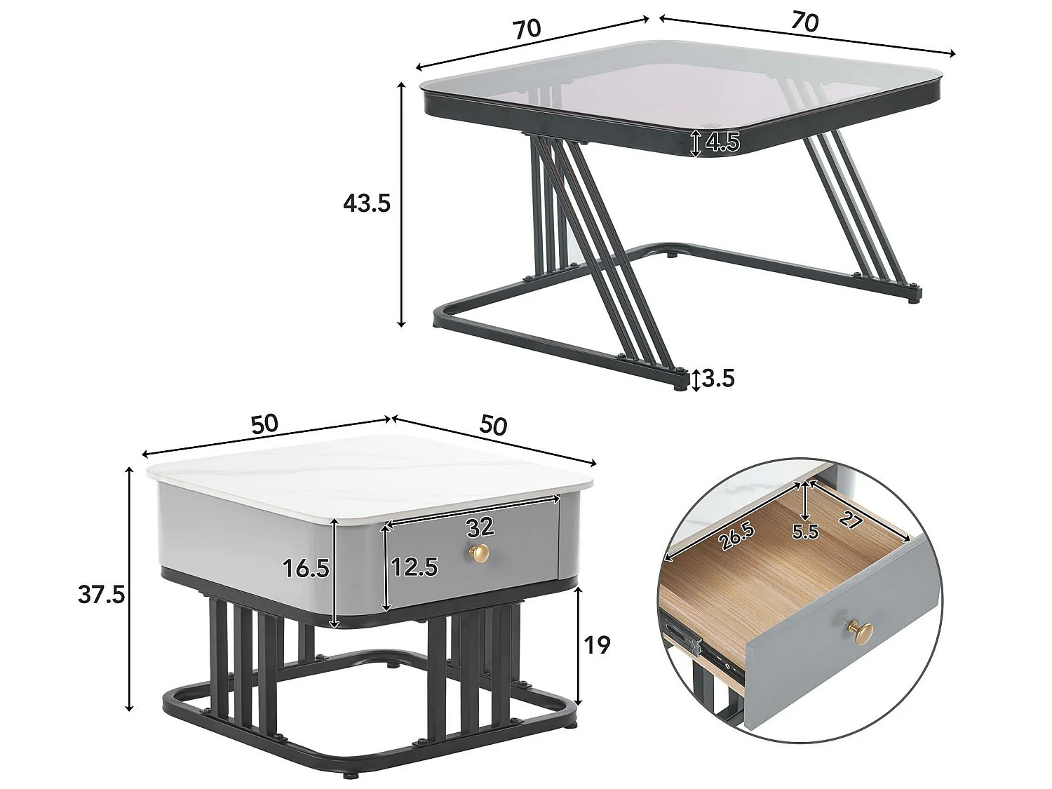 Lot de 2 tables gigognes avec un tiroir - recouverte de verre et de marbre - Gris