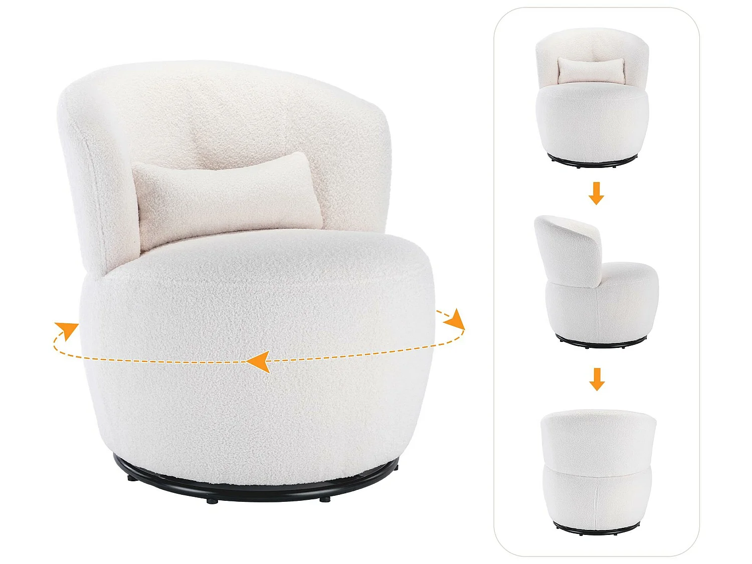 Draaifauteuil - relaxstoel voor woonkamer - bekleed met pluche - met metalen draaivoet + met lendenkussen - Wit