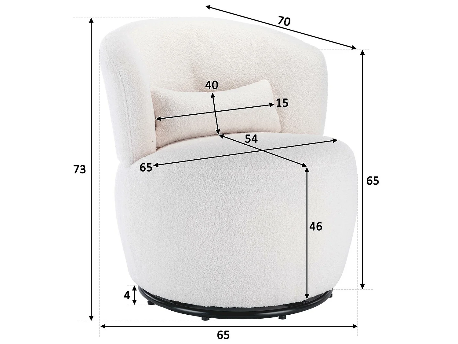 Draaifauteuil - relaxstoel voor woonkamer - bekleed met pluche - met metalen draaivoet + met lendenkussen - Wit