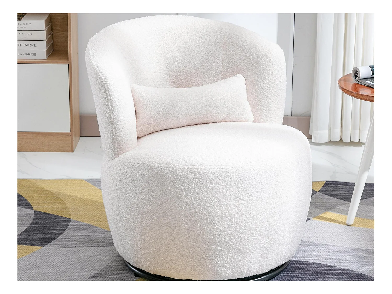 Fauteuil pivotant - chaise de relaxation pour salon - rembourré de peluche - avec base pivotante en métal + avec coussin lombaire - blanc