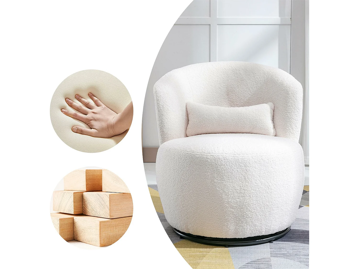 Sillón giratorio - sillón relax para salón - acolchado con felpa - con base giratoria de metal + con cojín lumbar - Blanco