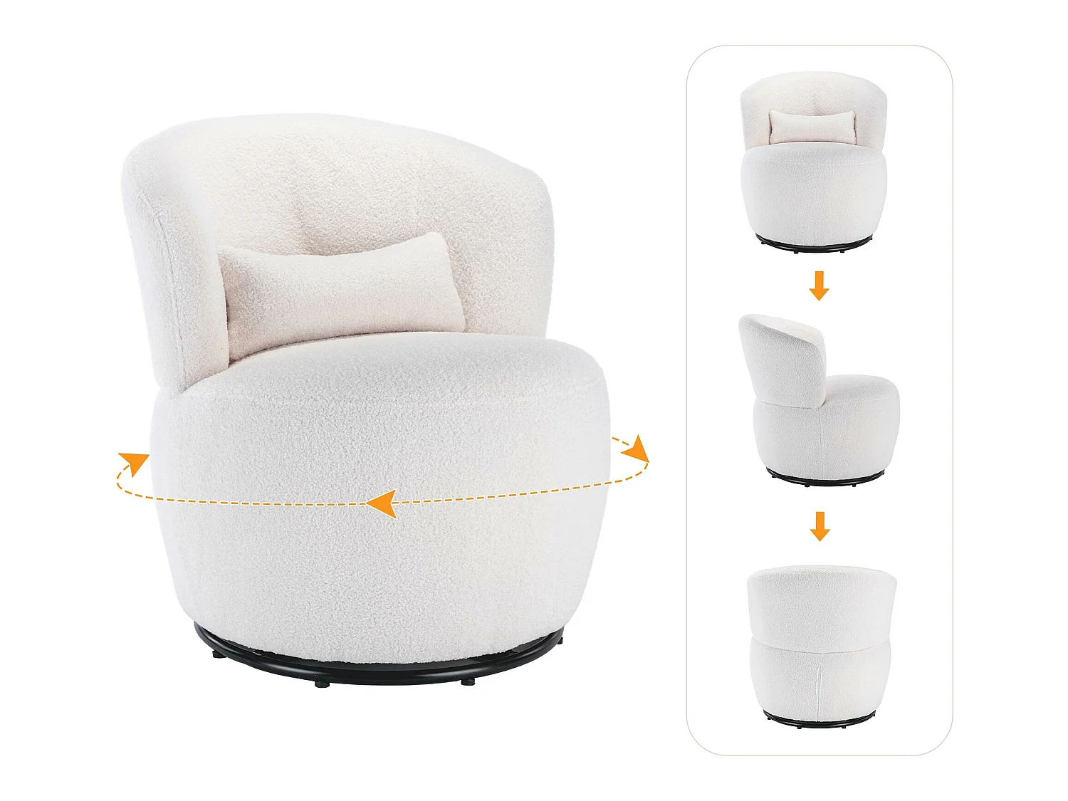 Sillón giratorio - sillón relax para salón - acolchado con felpa - con base giratoria de metal + con cojín lumbar - Blanco