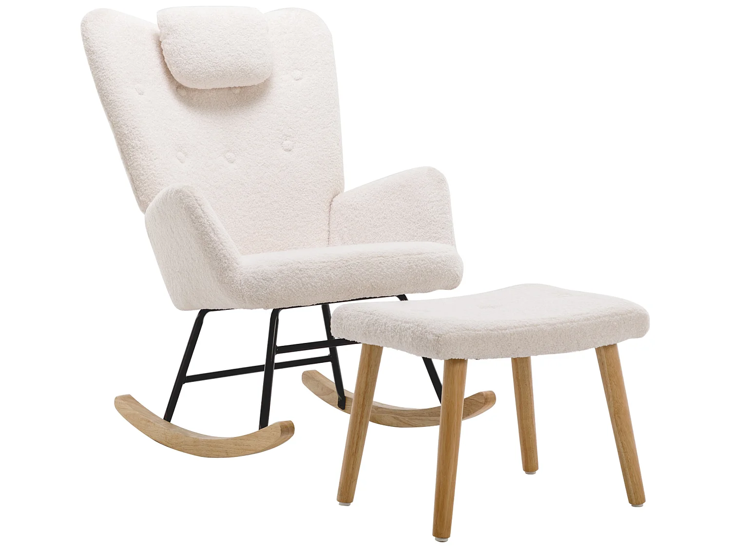 Fauteuil à bascule - chaise de relaxation pour salon - rembourrée de peluche Teddy - avec appui-tête et repose-pieds - base en bois - blanc