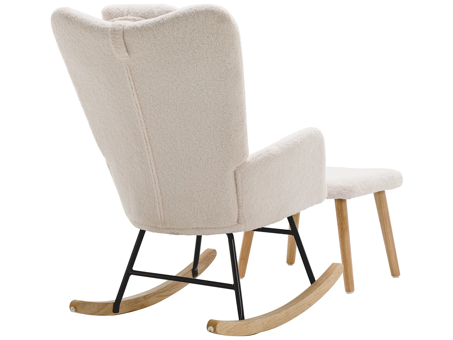 Fauteuil à bascule - chaise de relaxation pour salon - rembourrée de peluche Teddy - avec appui-tête et repose-pieds - base en bois - blanc