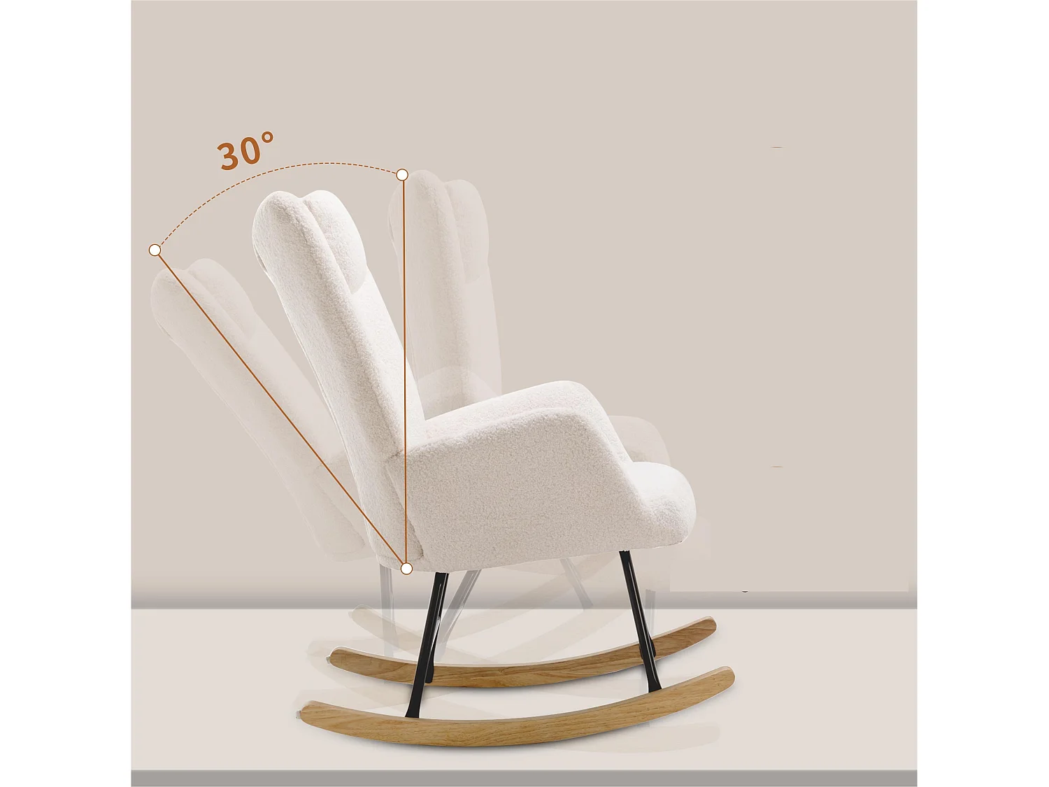 Fauteuil à bascule - chaise de relaxation pour salon - rembourrée de peluche Teddy - avec appui-tête et repose-pieds - base en bois - blanc