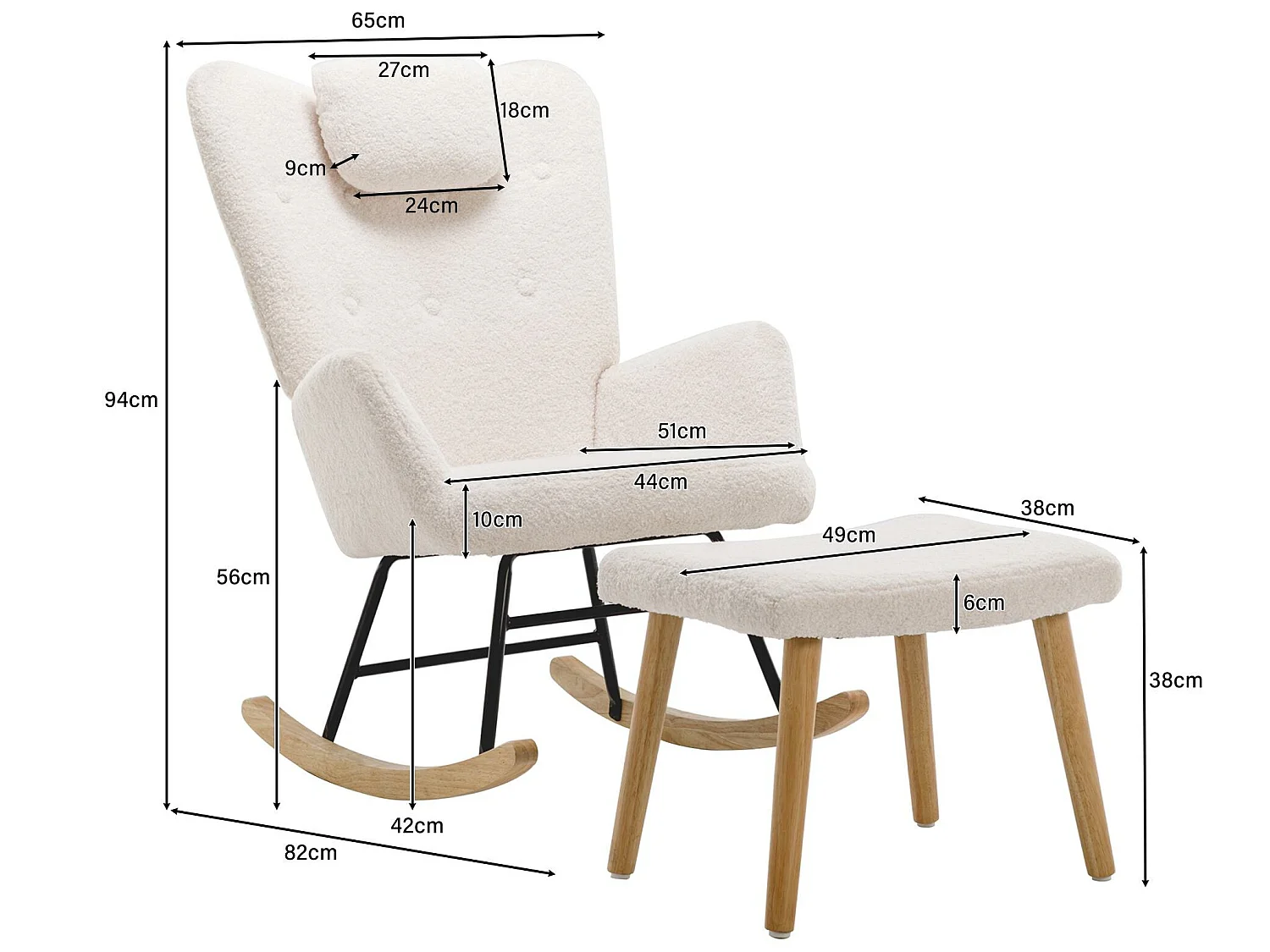 Schaukelstuhl – Relaxsessel für Wohnzimmer – gepolstert mit Teddyplüsch – mit Kopfstütze und Fußstütze – Holzgestell – weiß